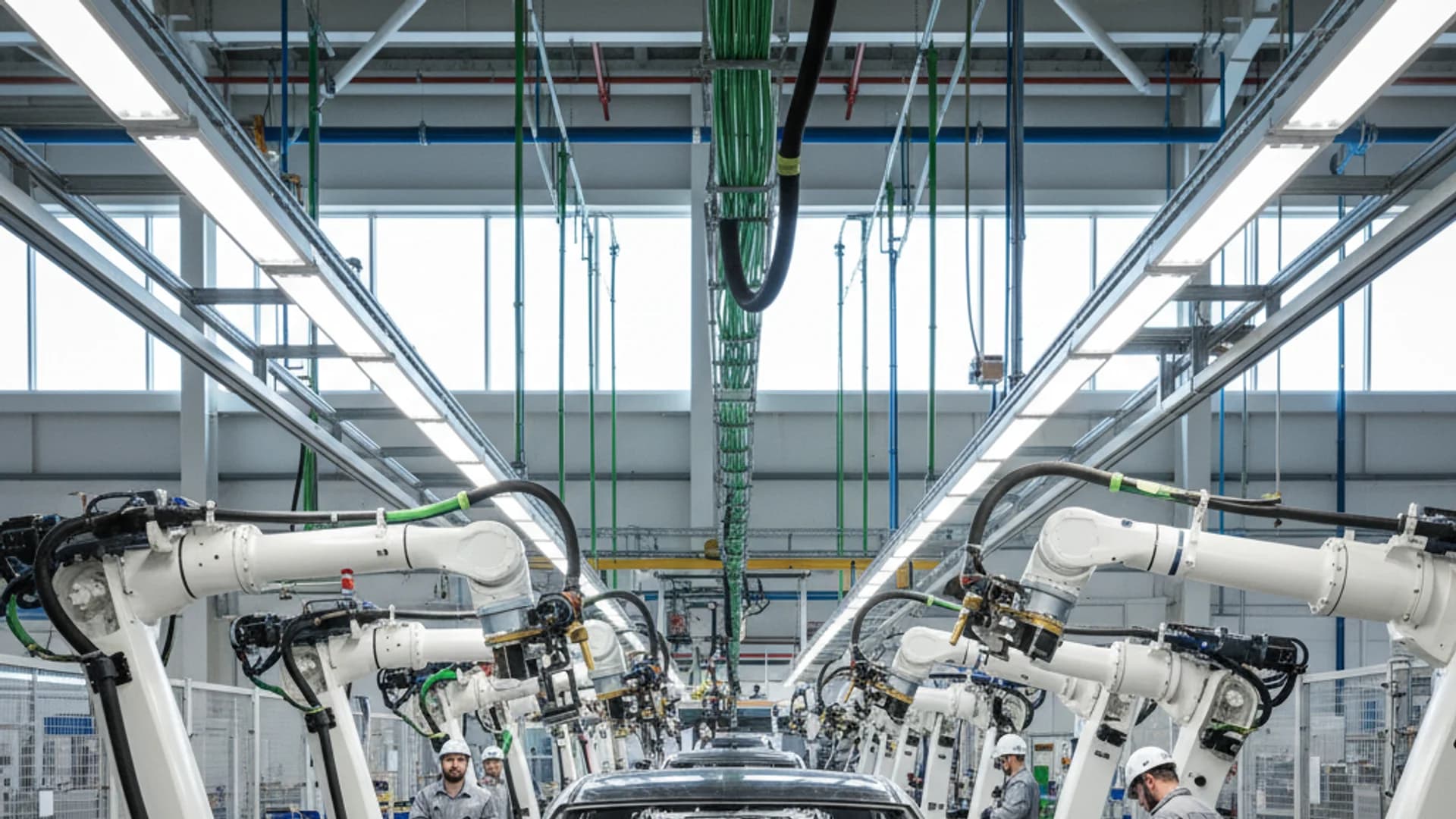 Electric vehicle assembly line in a modern Canadian automotive factory
