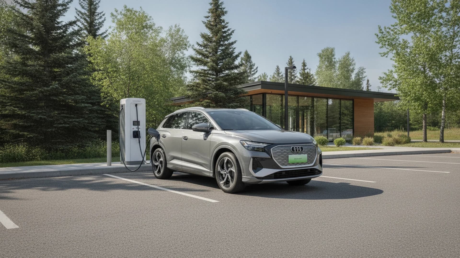 A grey Audi EV plugged into a charging station in an outdoor parking lot surrounded by green trees.