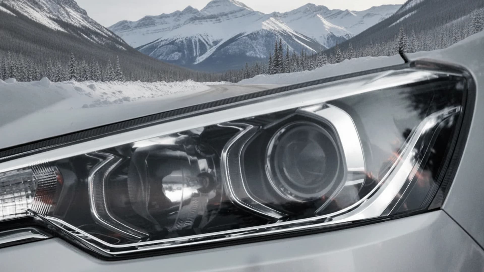 A car's headlight with chrome accents, set against a snowy mountain road with pine trees and snow-capped peaks.