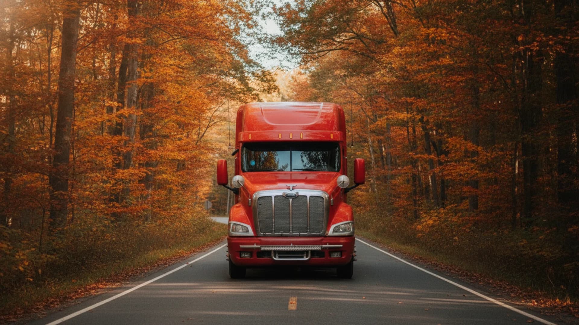 A red semi-truck drives down a road lined with trees displaying vibrant orange and yellow autumn leaves.