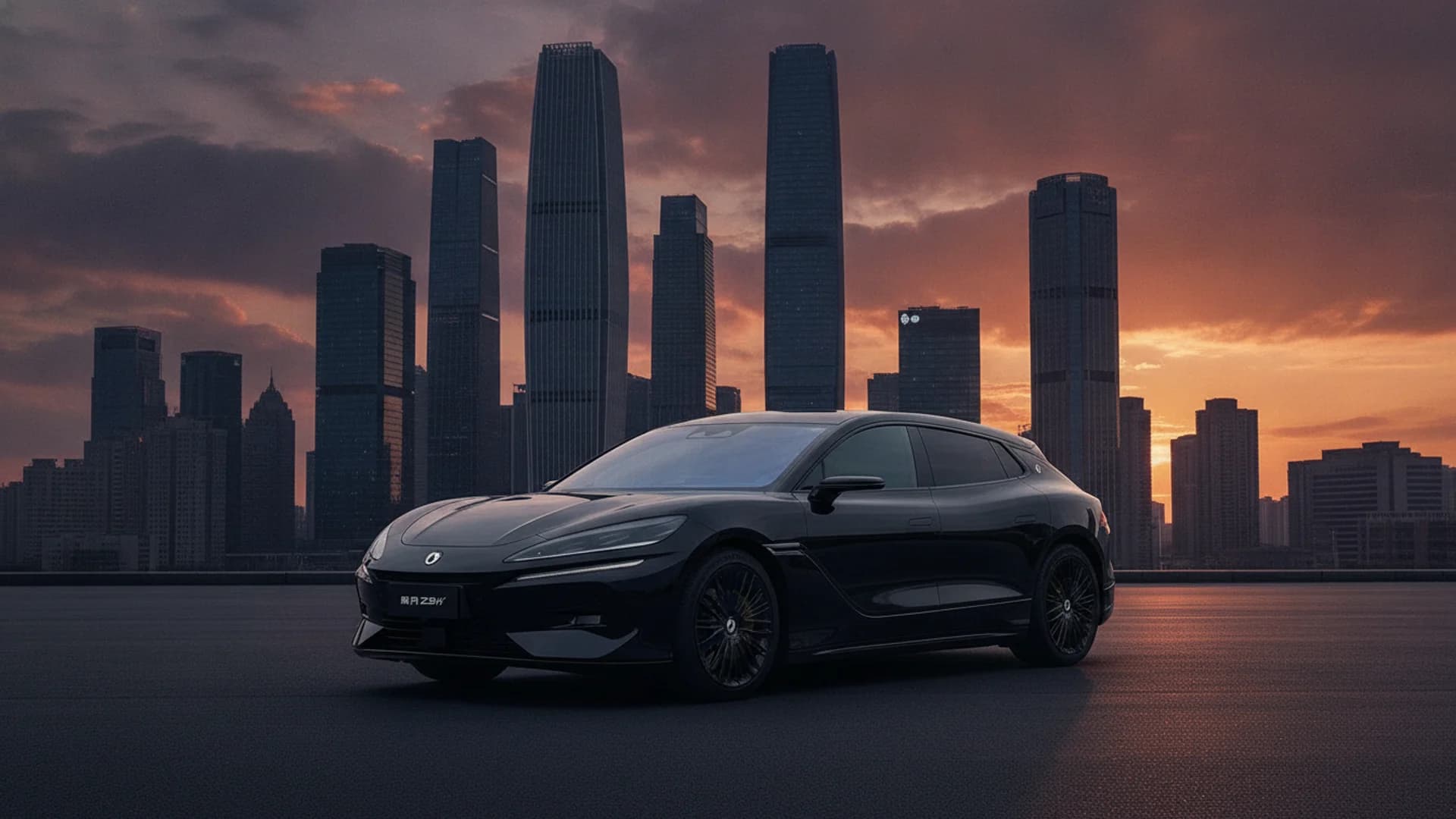 A sleek black Denza Z9 GT electric car parked with modern city skyscrapers against a sunset sky.