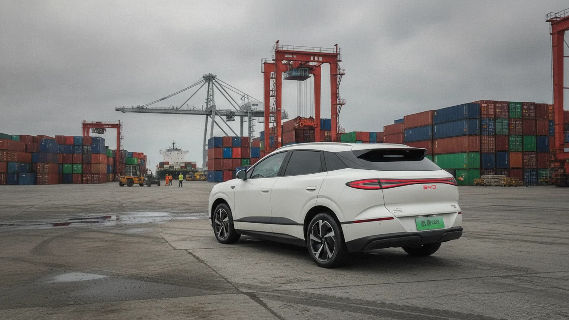 Rear three-quarter view of a white BYD electric SUV parked at a shipping port terminal.