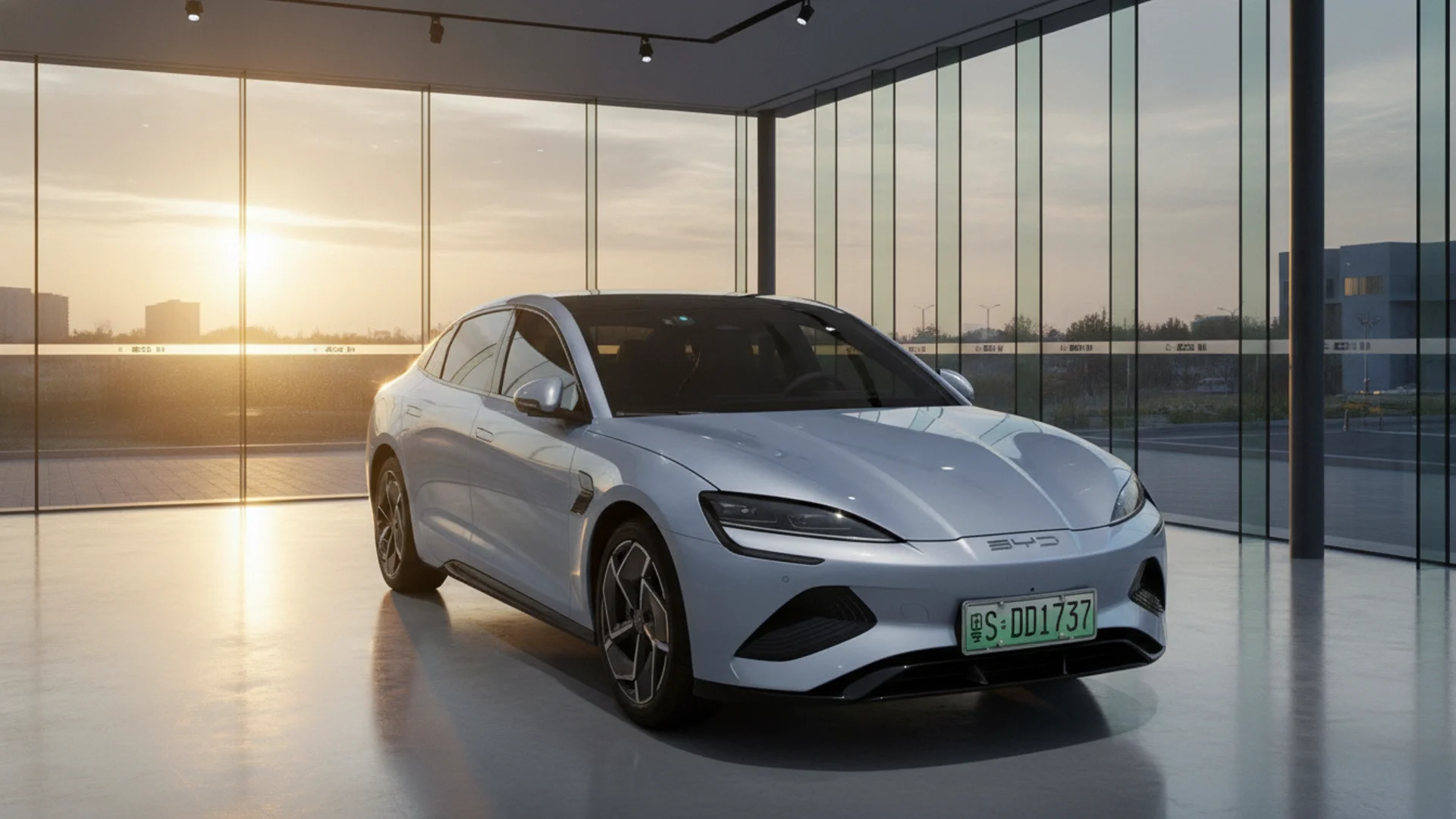 A silver BYD Seal electric sedan parked inside a brightly lit modern glass showroom at sunset.