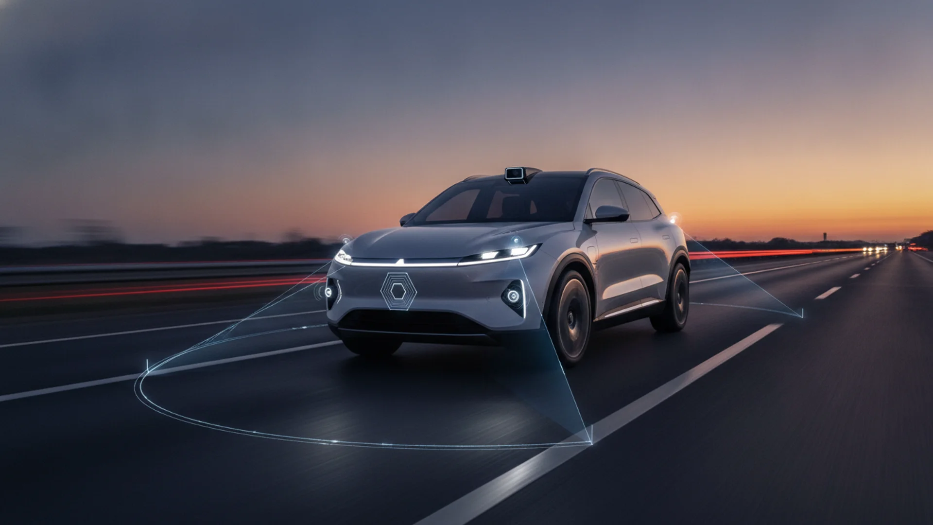 Electric SUV on a highway with advanced driver-assistance sensor visualization