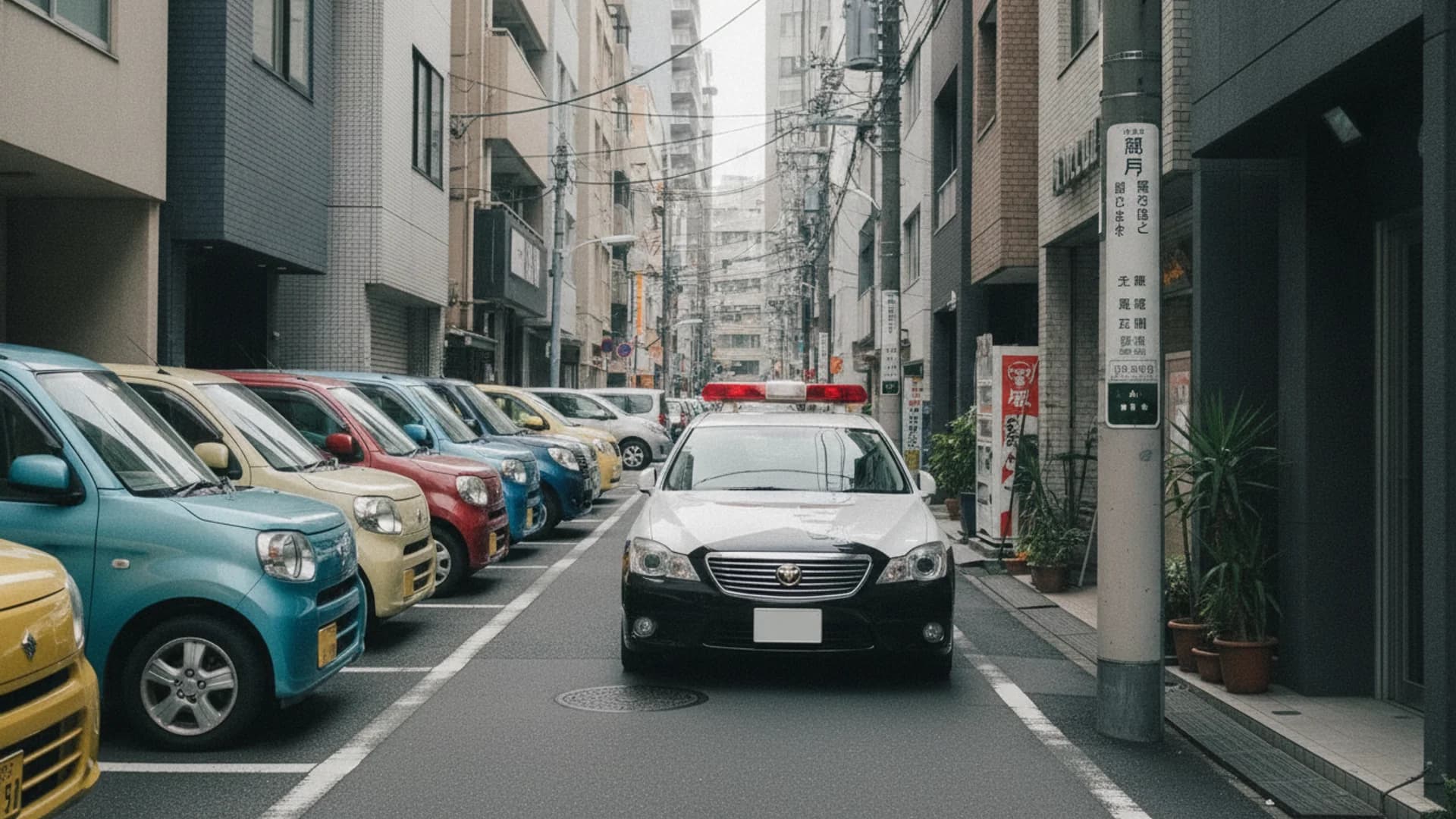 A police car driving along a narrow Tokyo street lined with colorful parked Japanese kei cars.
