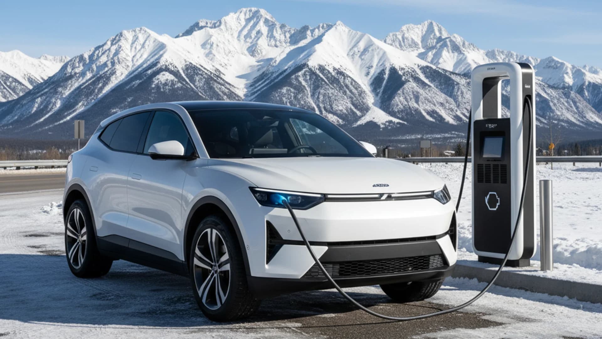 White electric SUV charging at a fast-charging station on a Canadian highway