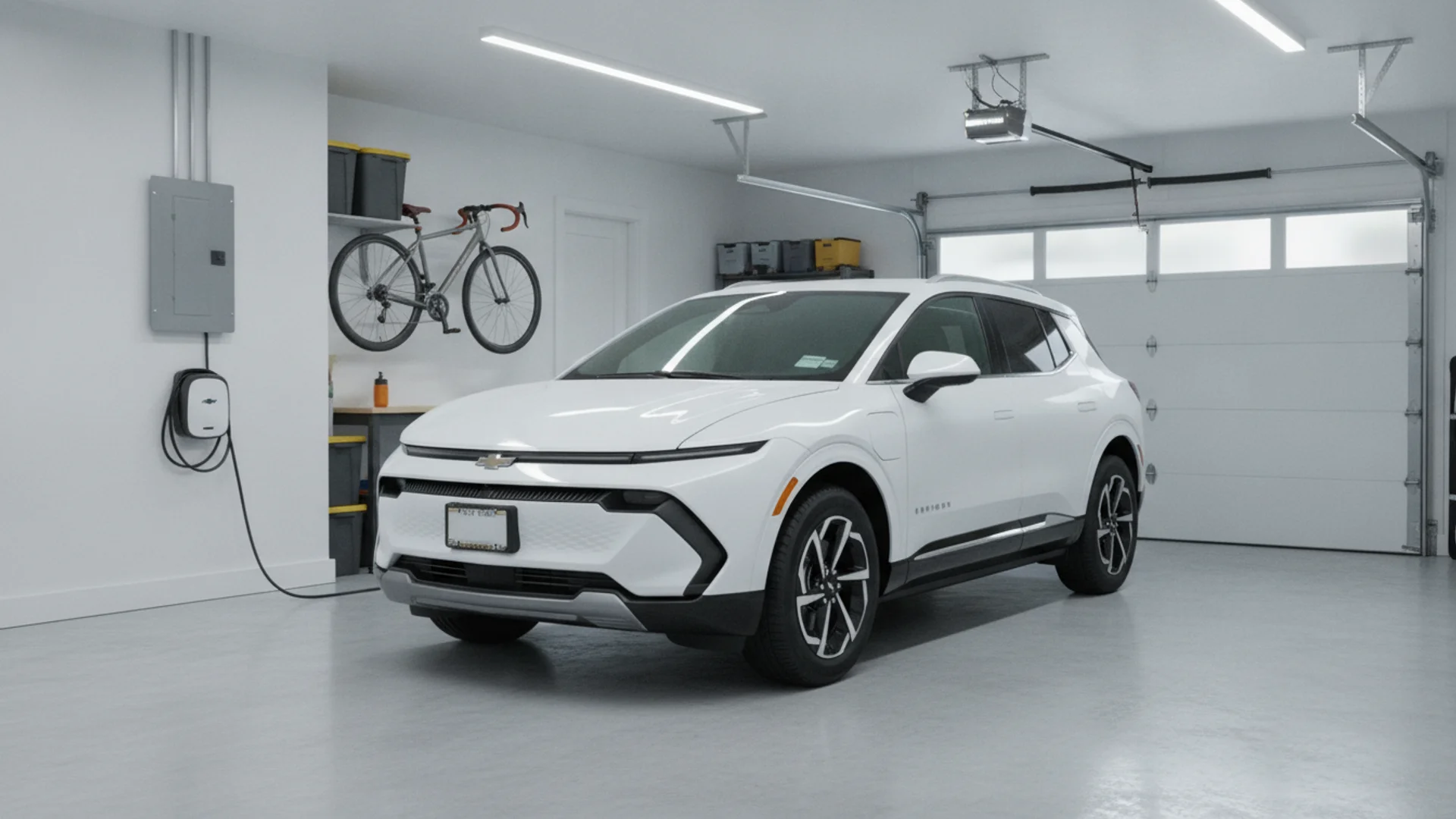 A white Chevrolet Equinox EV parked inside a modern garage next to a wall charger.