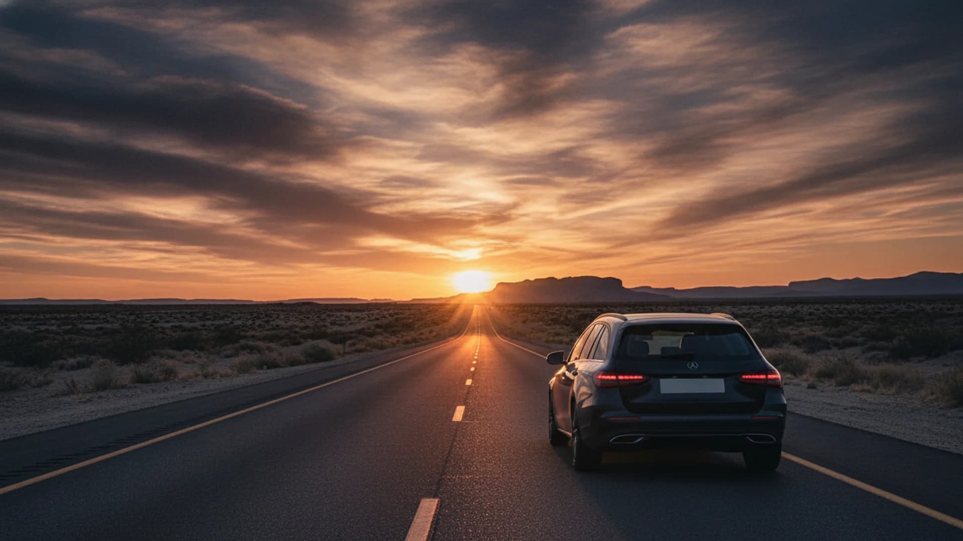 an electric car on a coastal highway at golden hour