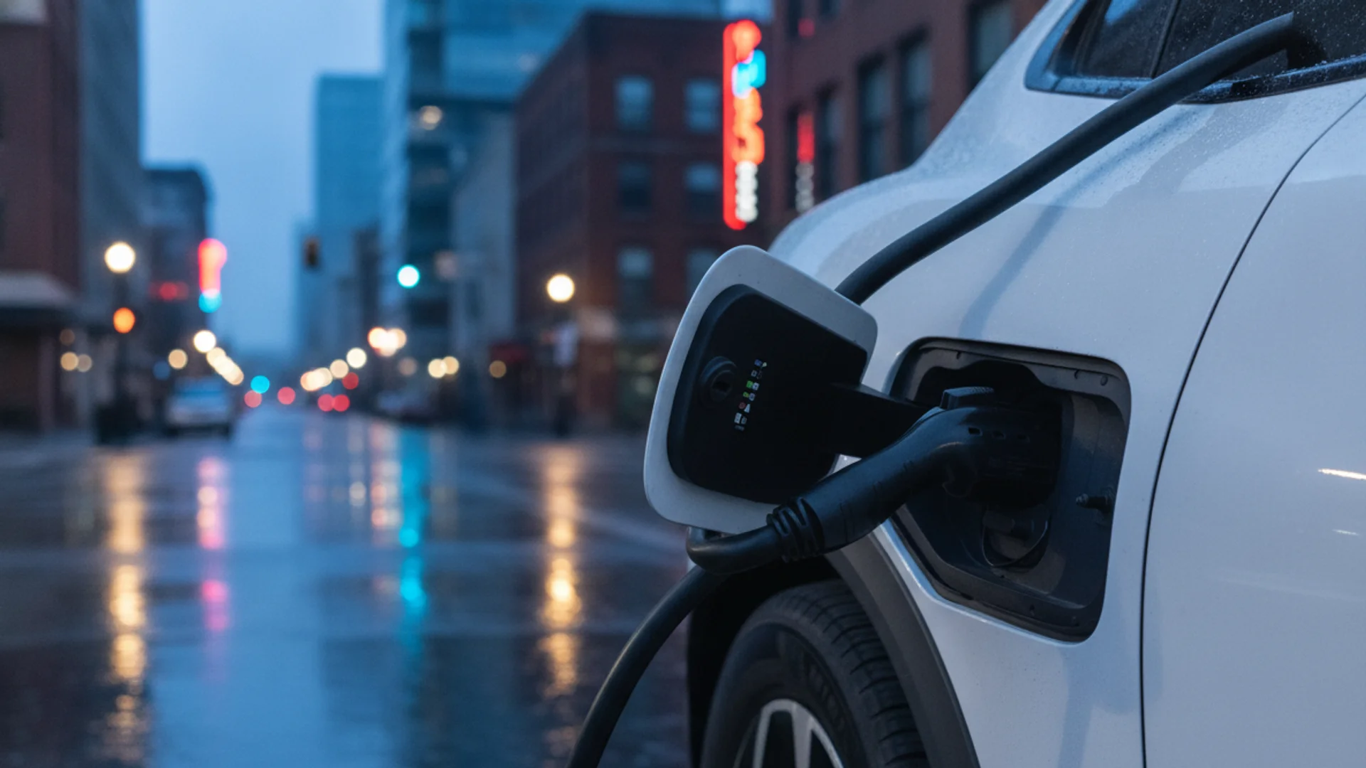 A white car is plugged into a black charging cable on a wet city street lined with blurred lights.