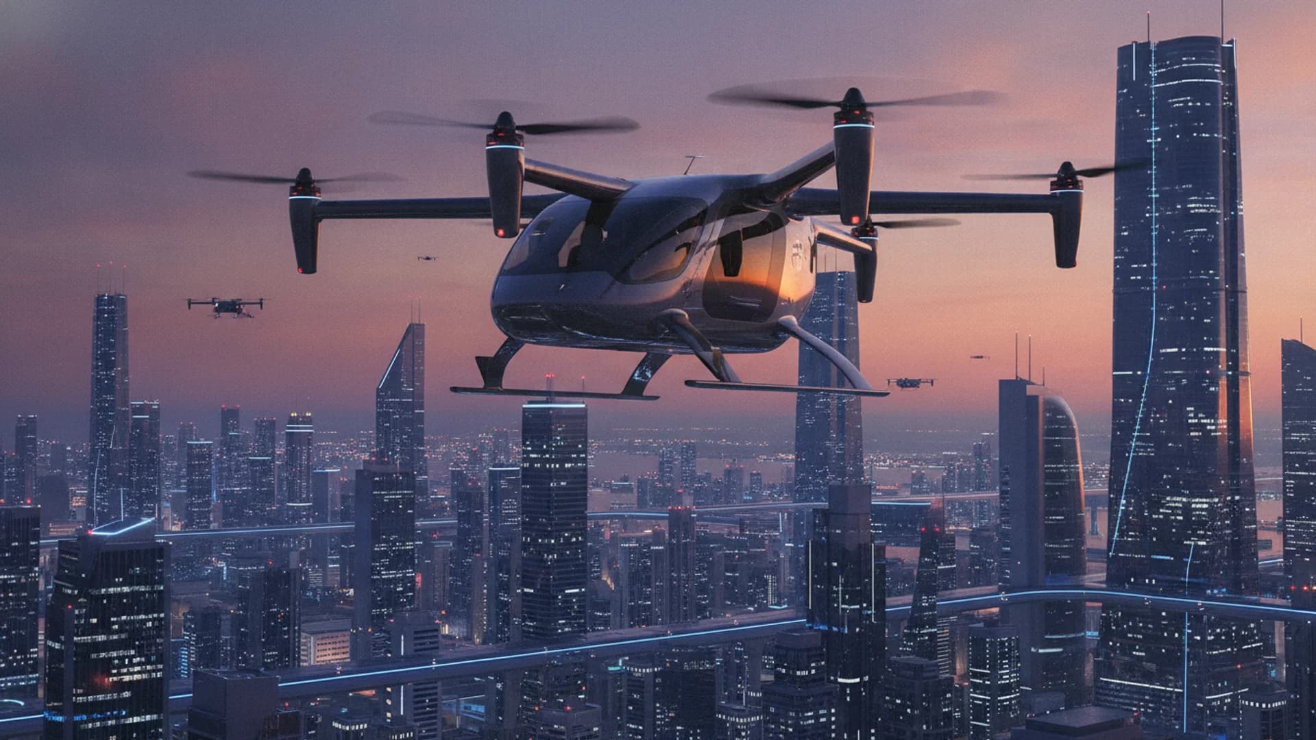 Electric vertical-takeoff flying taxi (eVTOL) above a city skyline at dusk