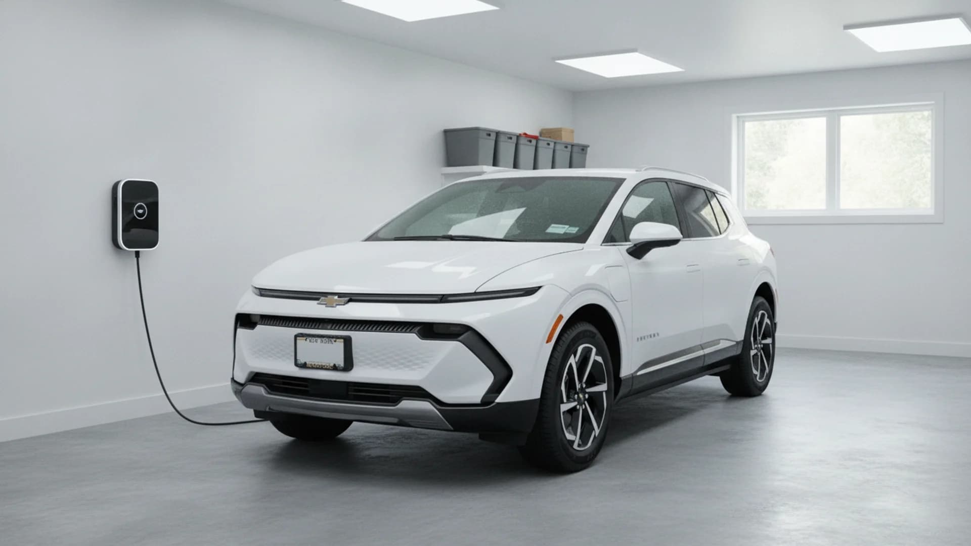 A white Chevrolet Equinox EV parked inside a modern garage, connected to a wall-mounted Level 2 EV charger.
