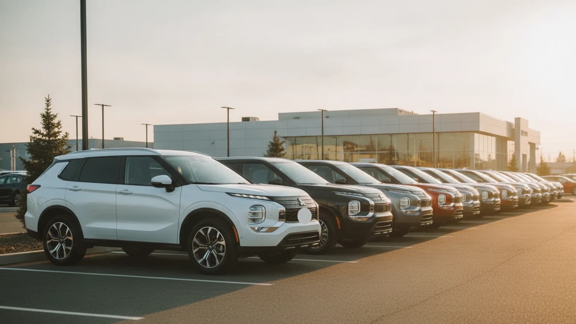 A row of SUVs, led by a white model, parked in an outdoor dealership lot in front of a modern white building.
