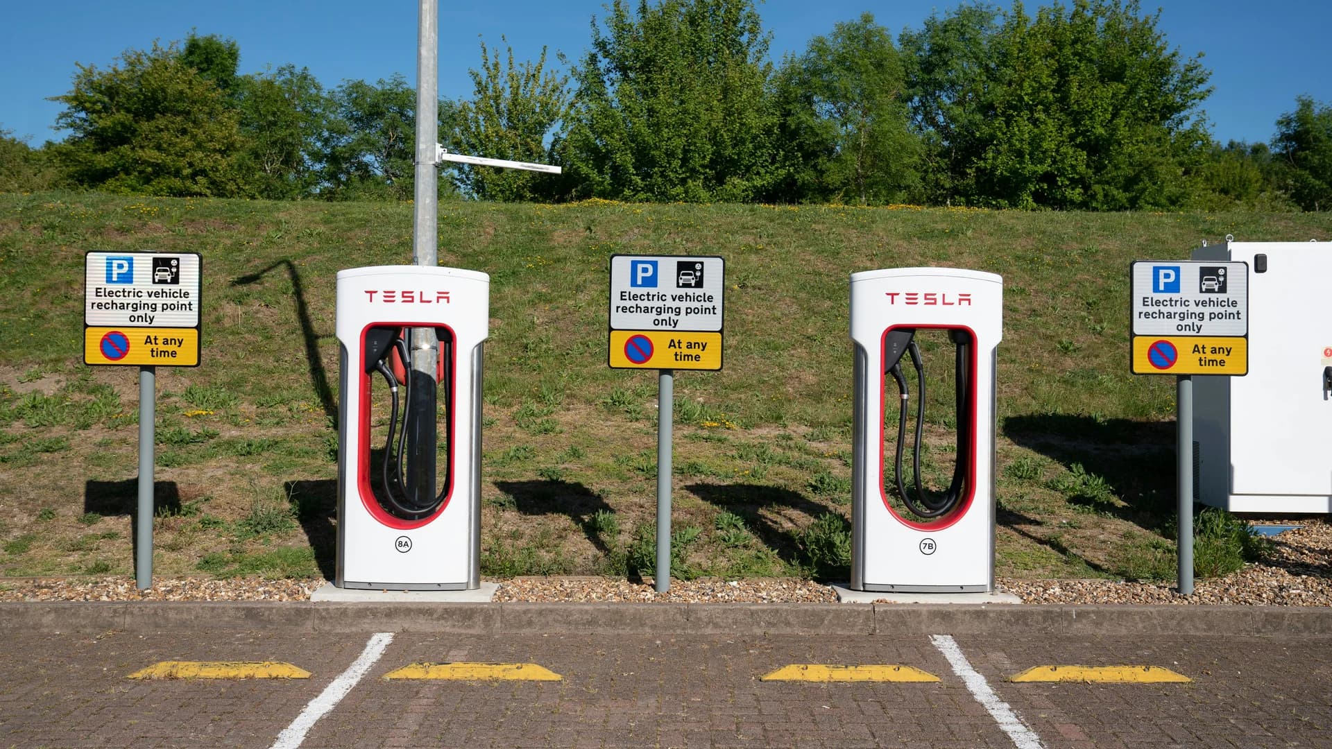Two white Tesla charging stations with red trim stand between three parking signs on a sunny day.