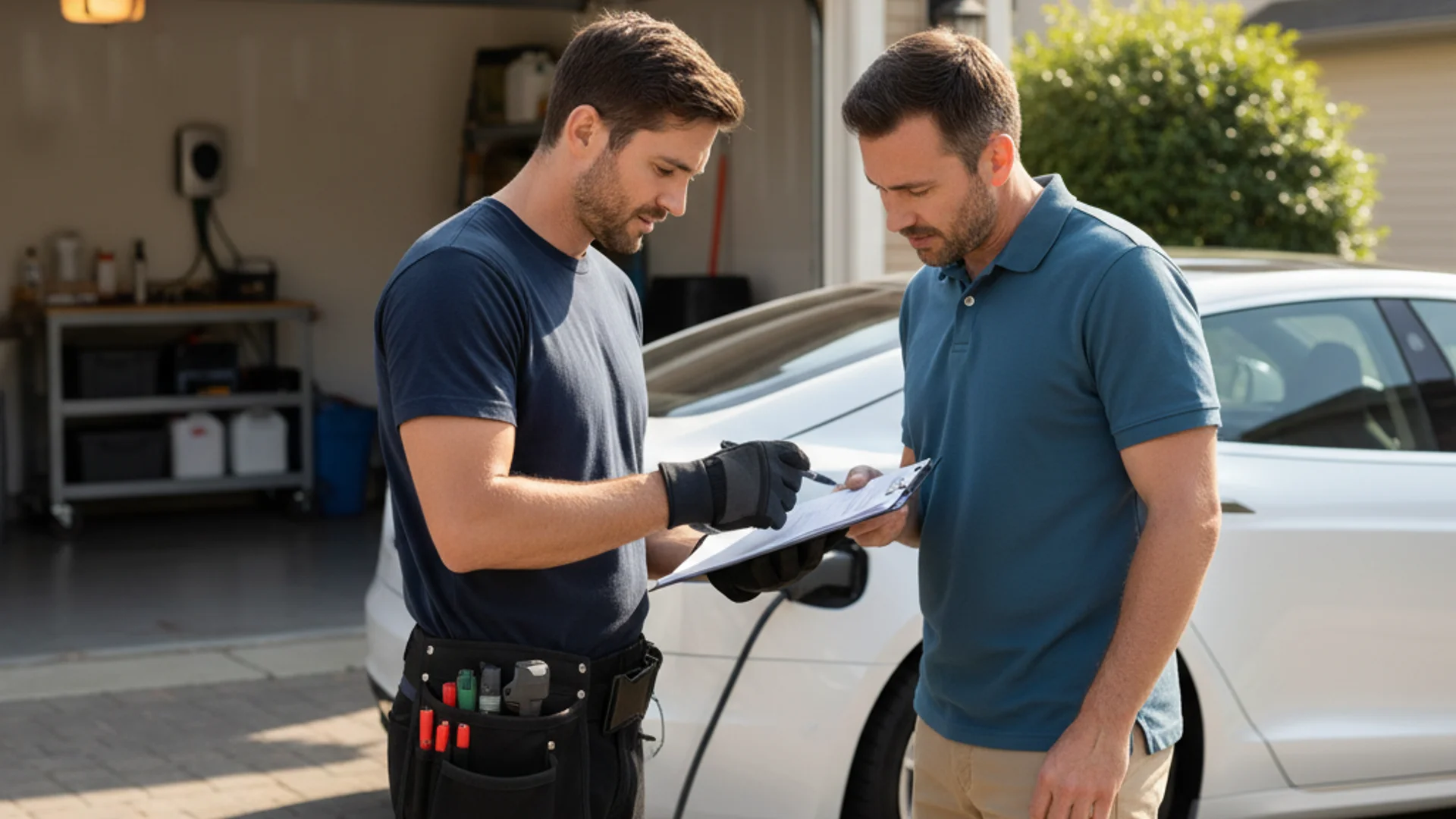 Electrician reviewing an EV charger installation plan with a homeowner in a driveway
