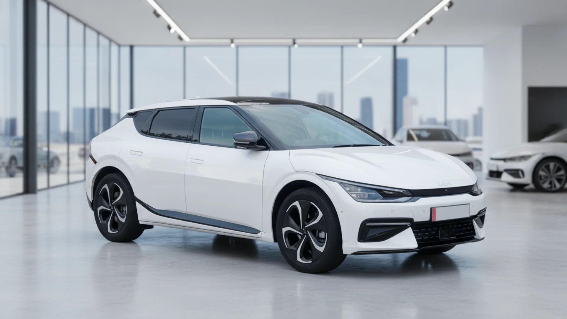 A white electric car with black trim sits parked inside a bright, modern showroom with large glass windows.