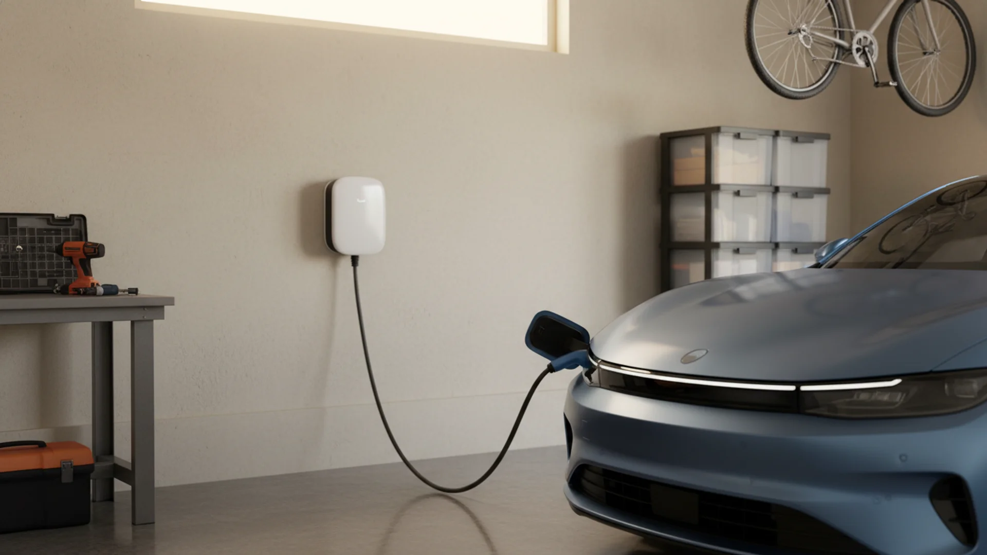 Level 2 home EV charging station mounted in a garage with a vehicle plugged in