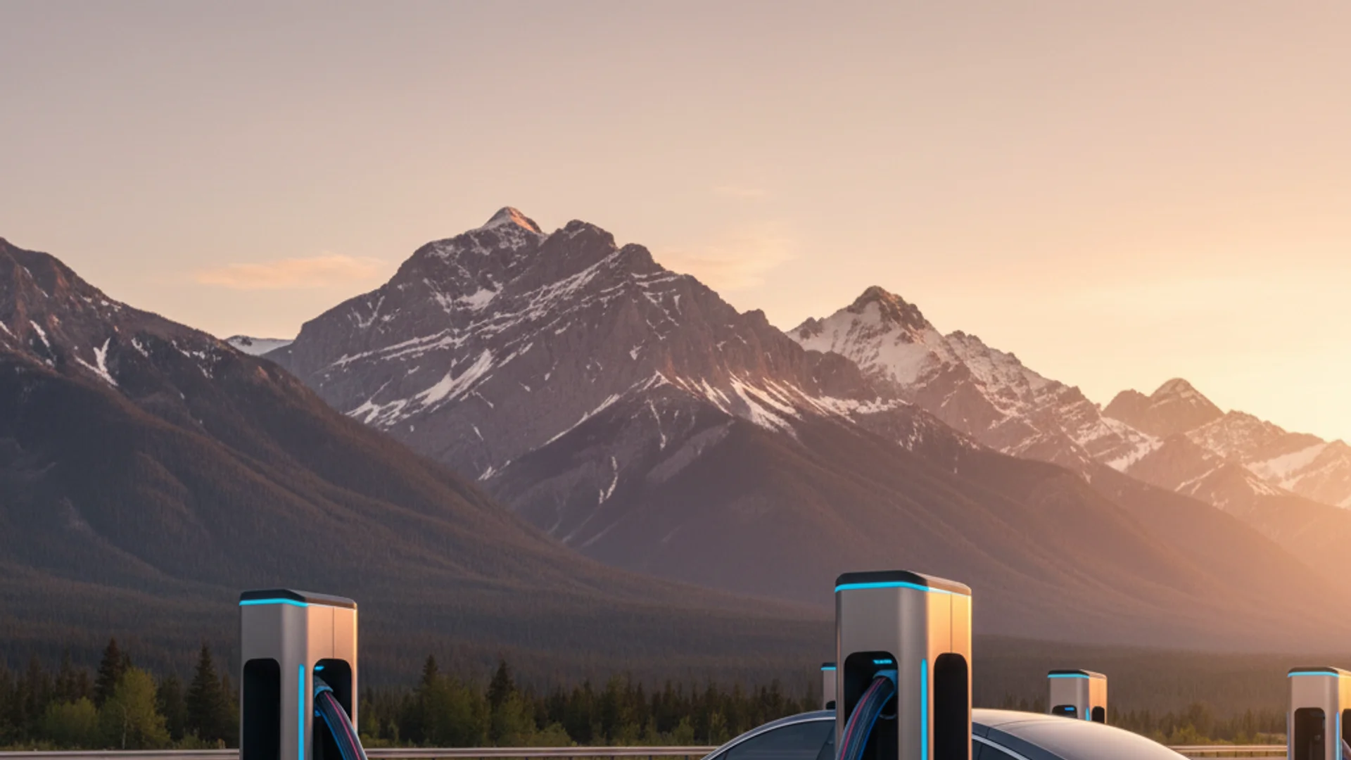 Electric SUV charging at a high-power DC fast charging station on a Canadian highway