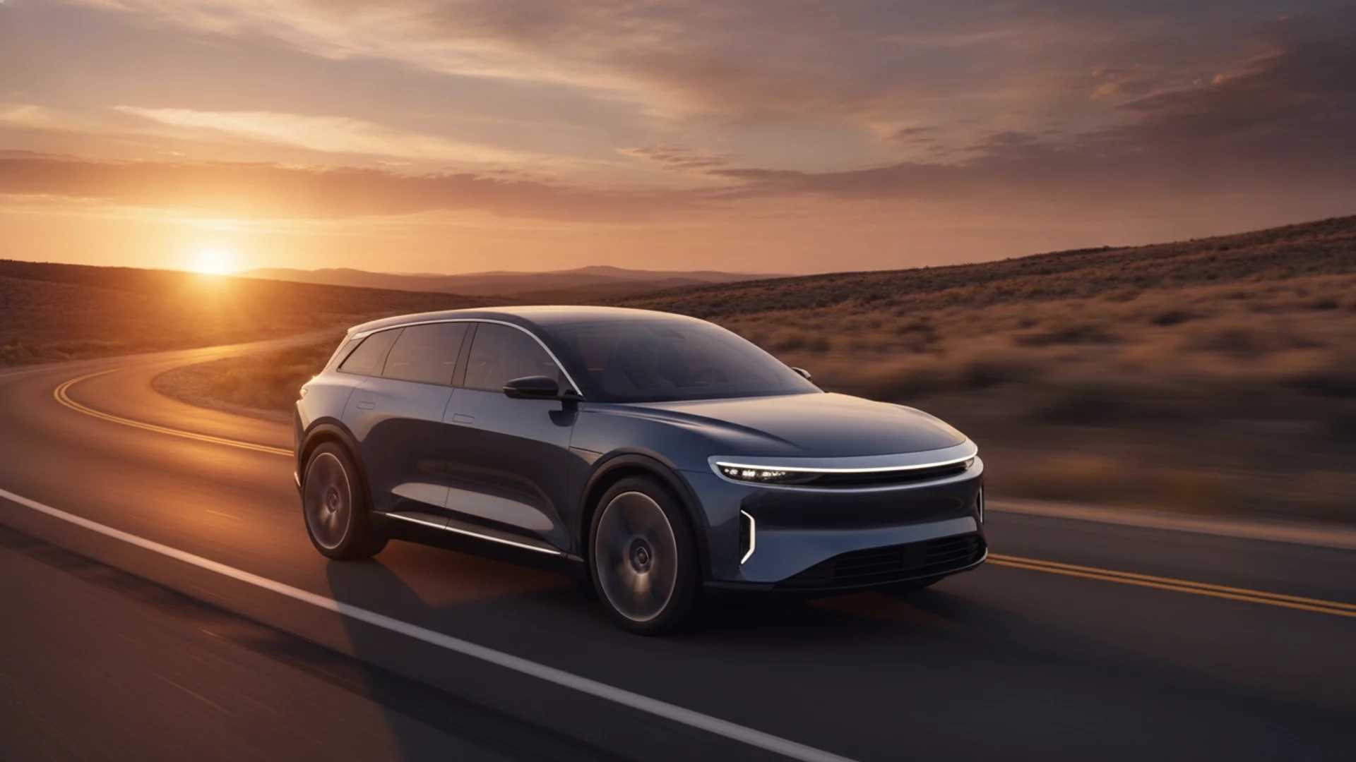 Lucid Gravity three-row electric SUV driving on an open highway at golden hour