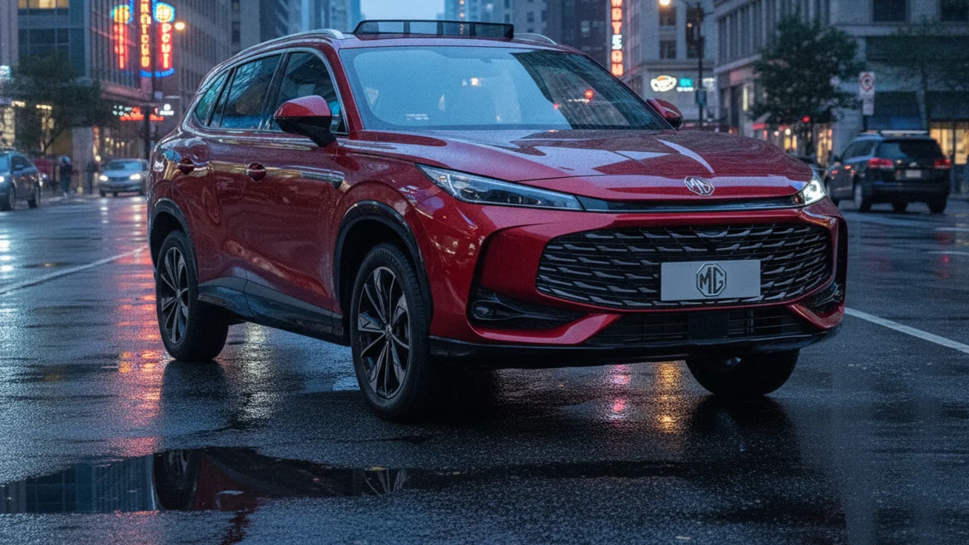 A red MG SUV sits parked on a wet city street reflecting city lights on the asphalt.
