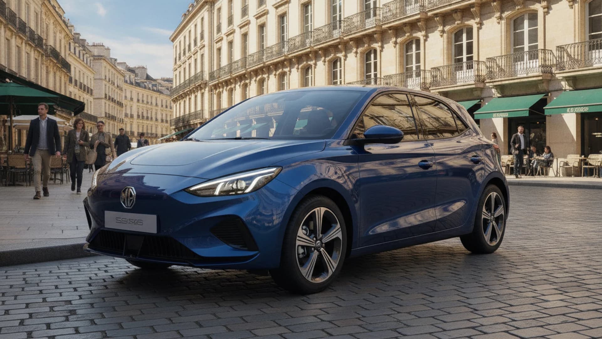 MG small electric hatchback parked on a European city street