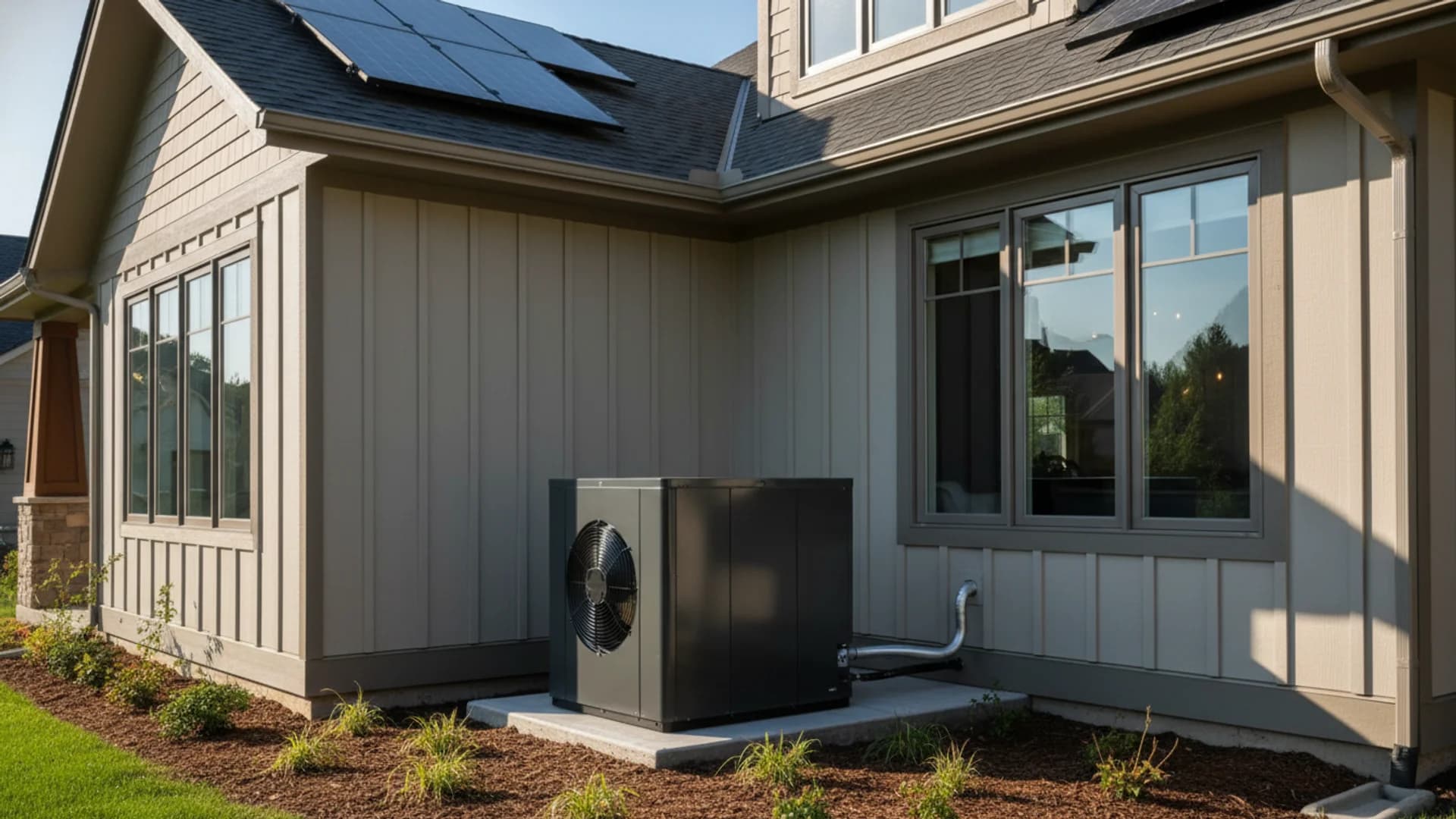 Residential heat pump unit installed beside a North American home