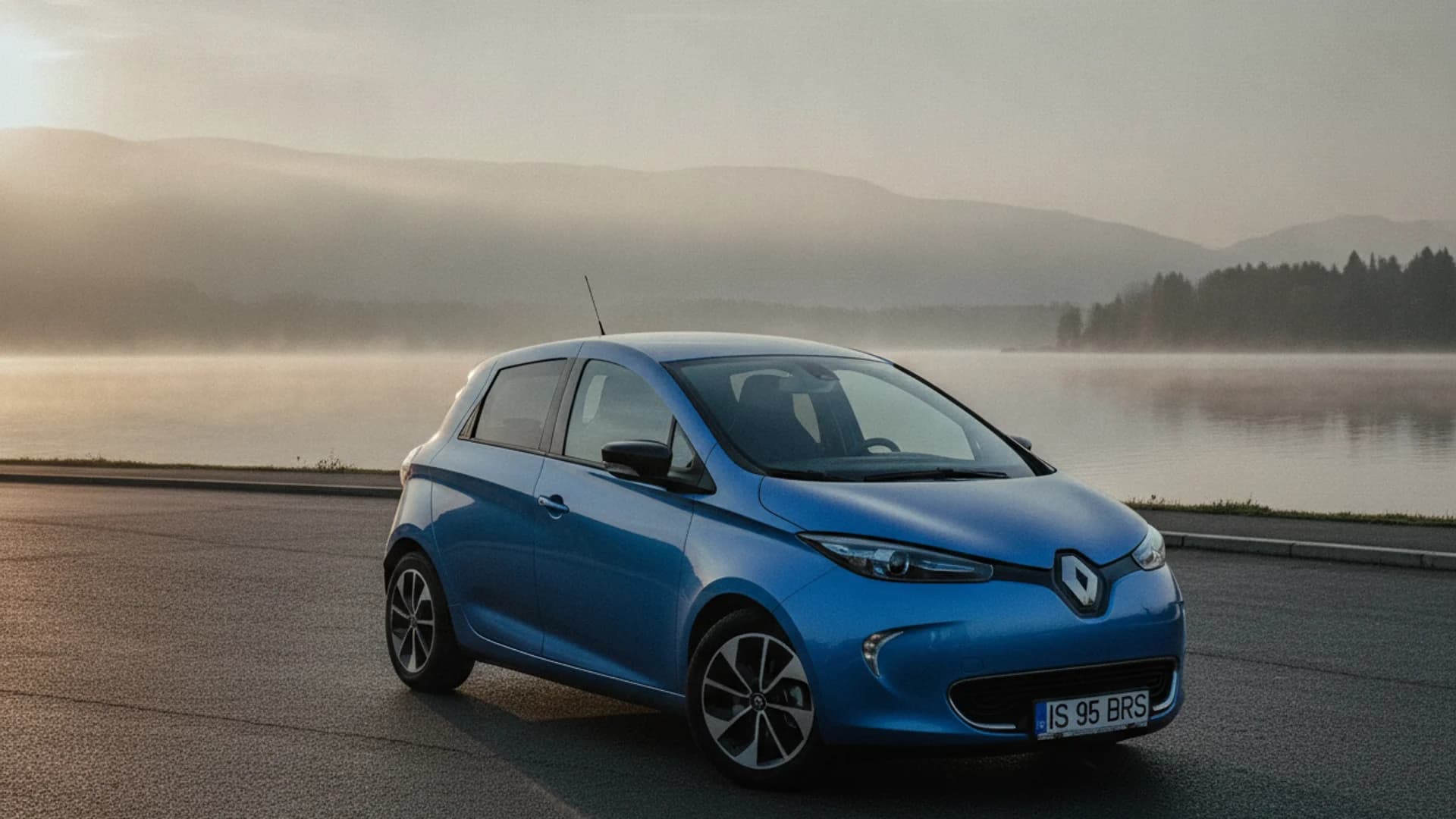 A blue Renault Zoe is parked on asphalt next to a misty lake with mountains in the background.