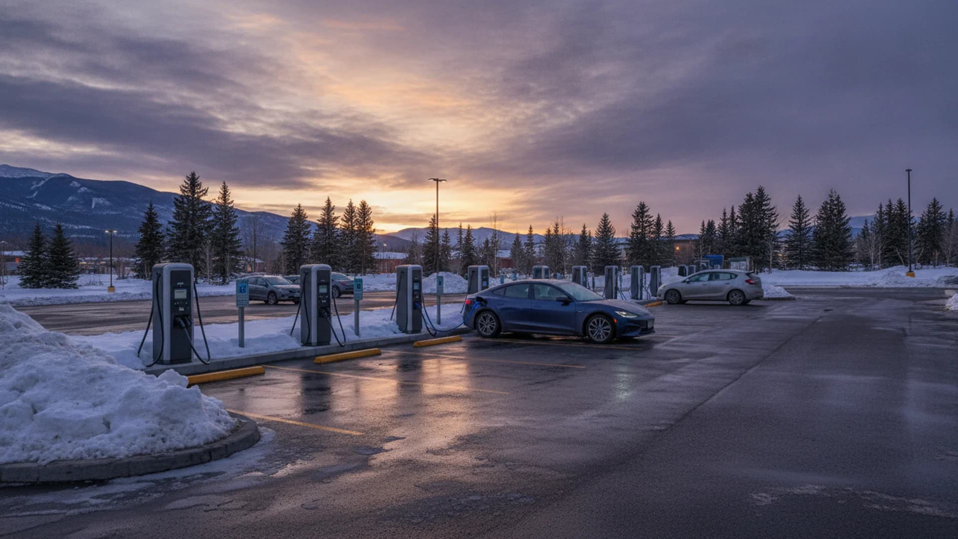 Public DC fast EV charging stations in a Canadian parking lot at dusk in winter