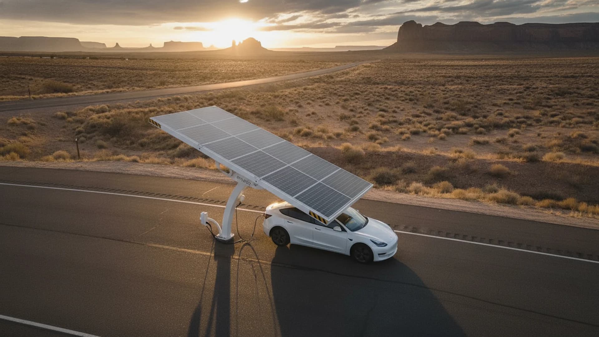 A white car charges under a large solar panel on a desert road at sunset, with distant mesas.
