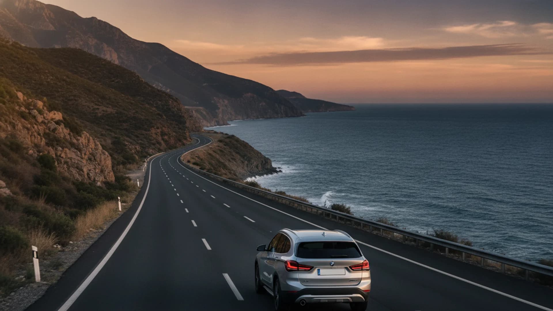 A silver SUV drives along a coastal highway beside dark ocean water under an orange dusk sky.