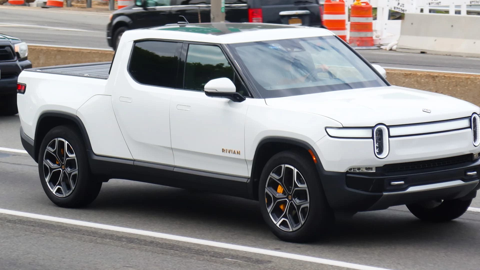 Rivian R1T electric pickup truck, front three-quarter view