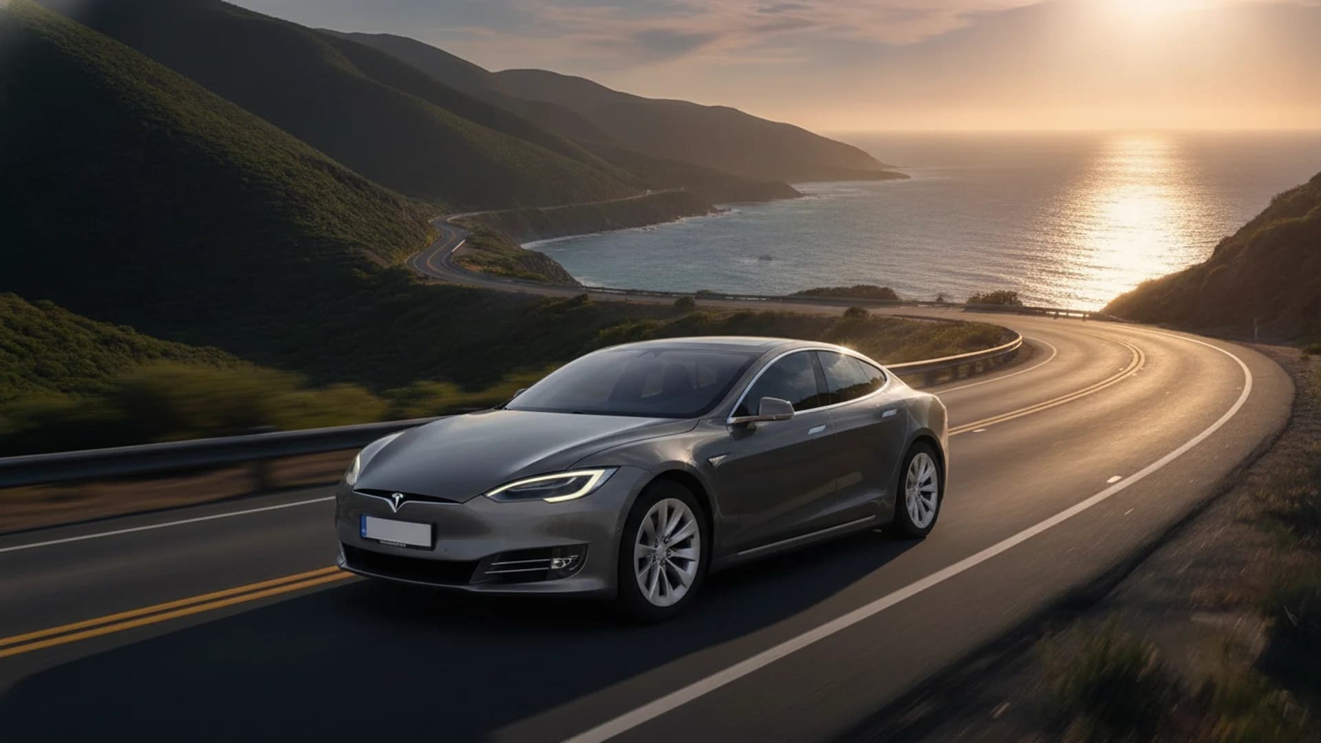 A gray Tesla Model S drives on a winding coastal road at sunset, with mountains and ocean in the background.
