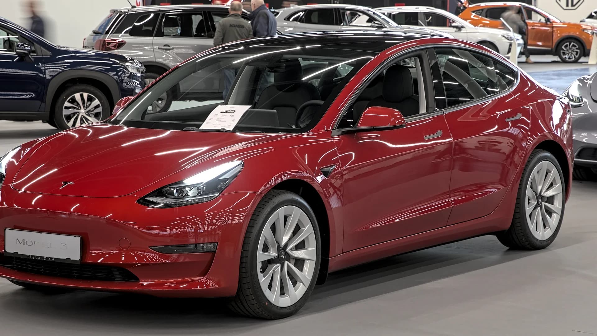 Tesla Model 3 electric sedan, front three-quarter view