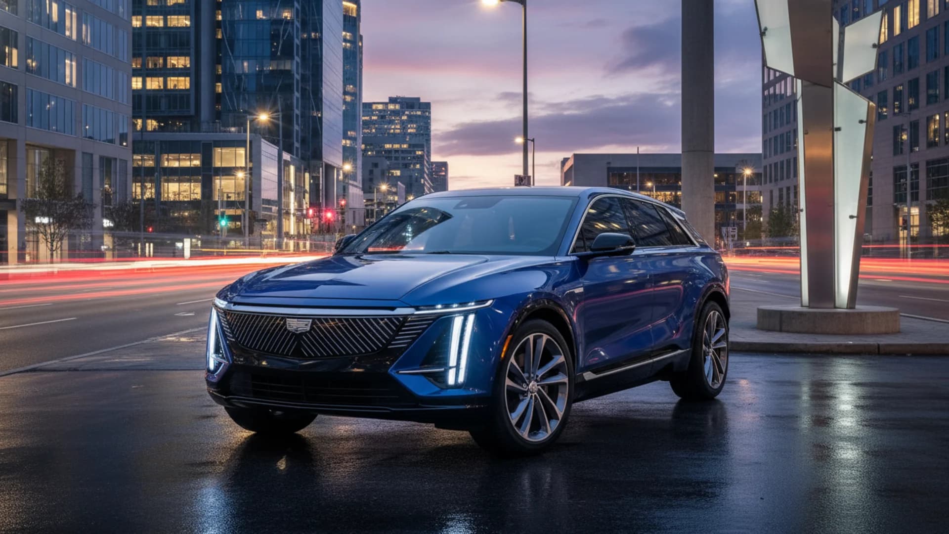 Cadillac Lyriq luxury electric SUV at dusk in an urban setting