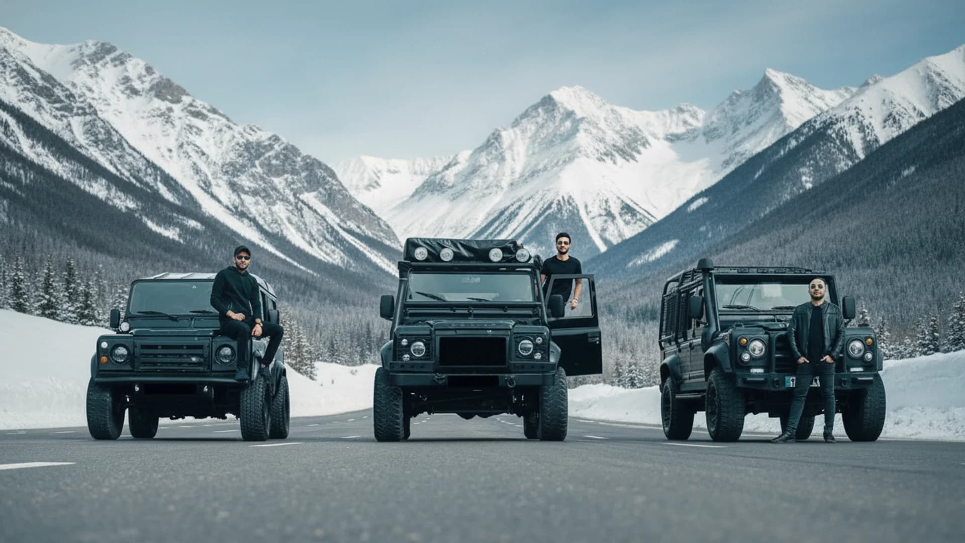Three men stand with black SUVs on a snowy mountain road, with snow-capped peaks in the background.