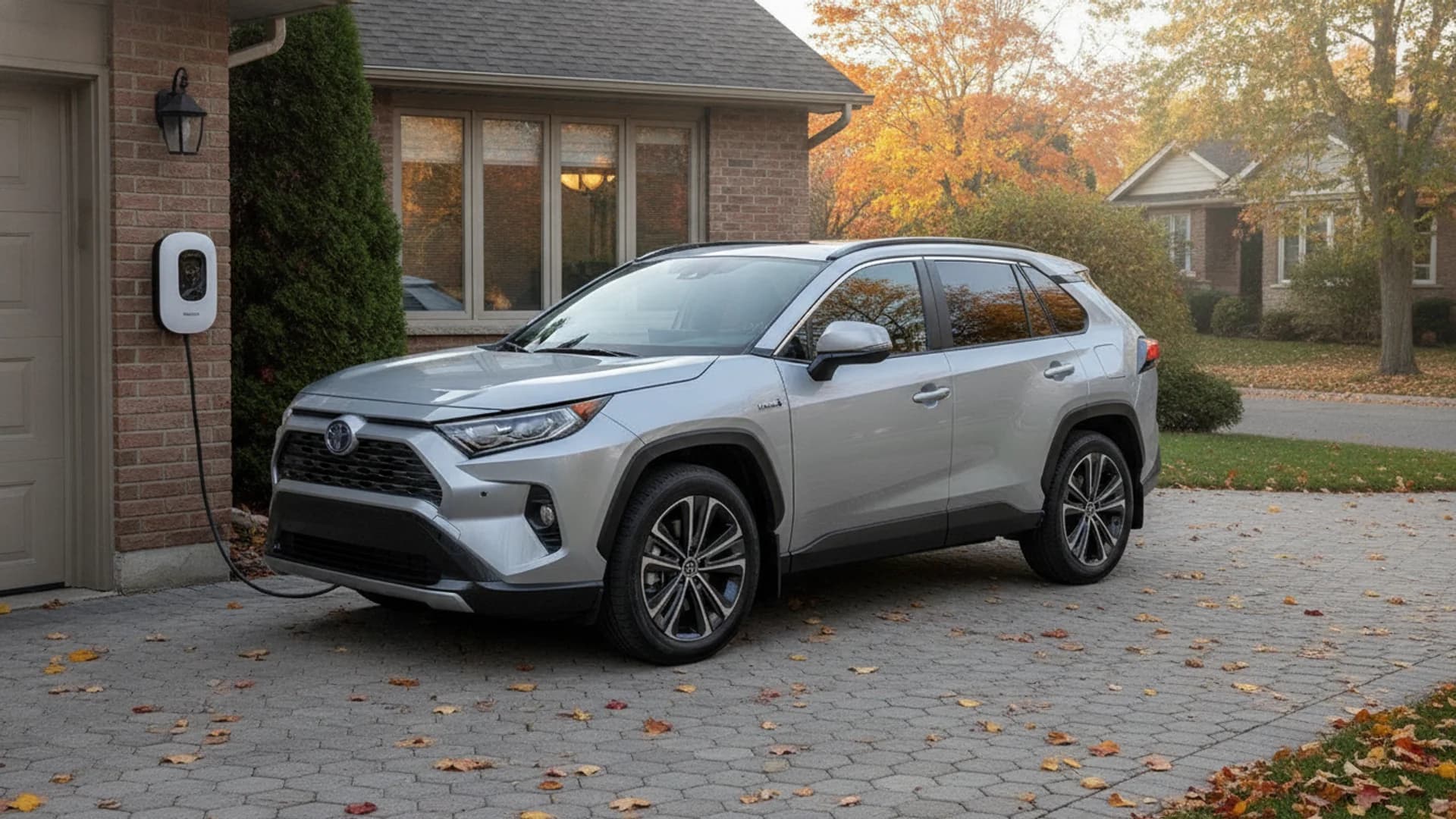 A silver Toyota RAV4 PHEV plugged into a home wall charger in a residential driveway.
