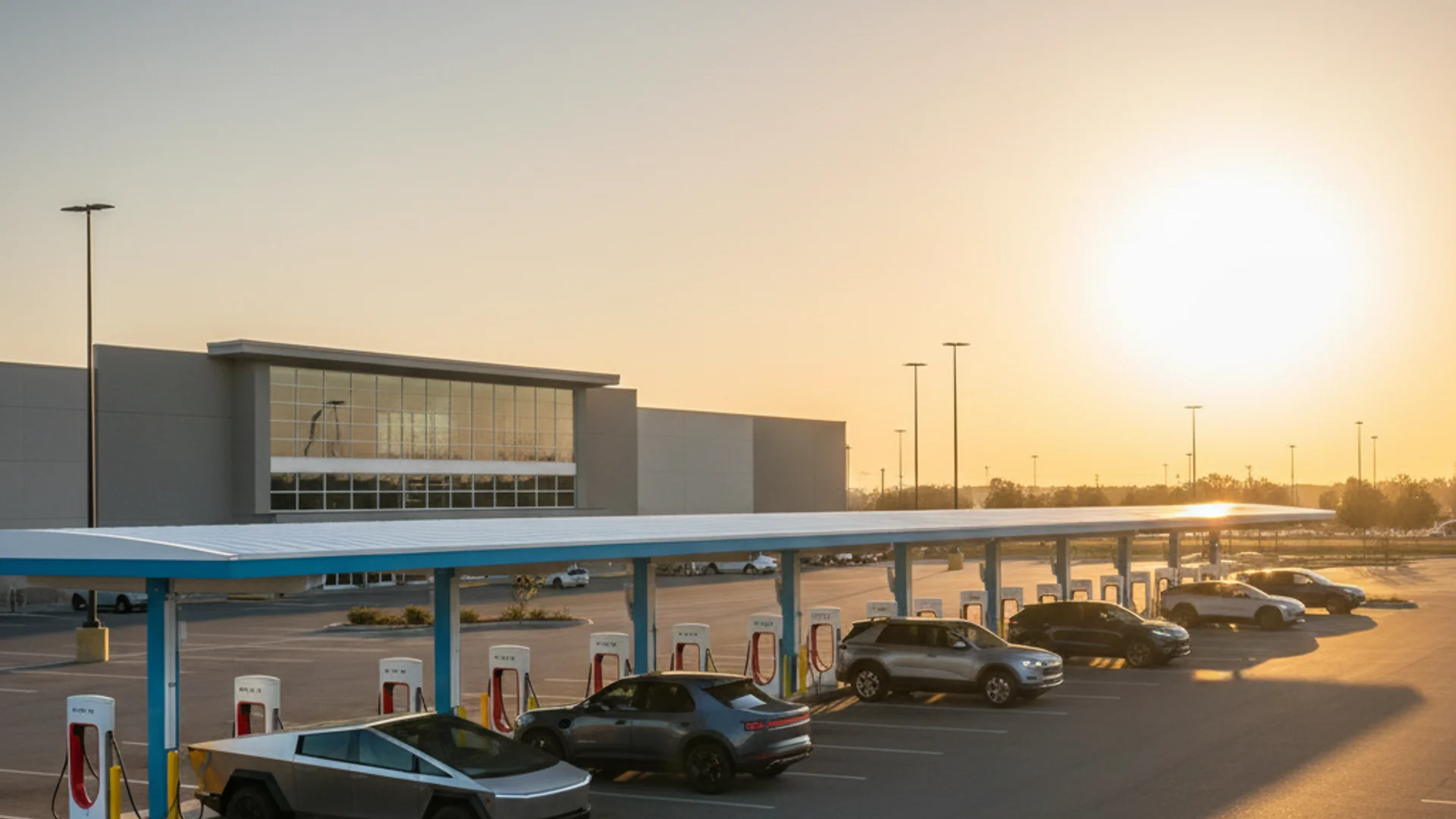 A row of electric vehicles charges under a blue-framed white canopy in a parking lot at sunset.