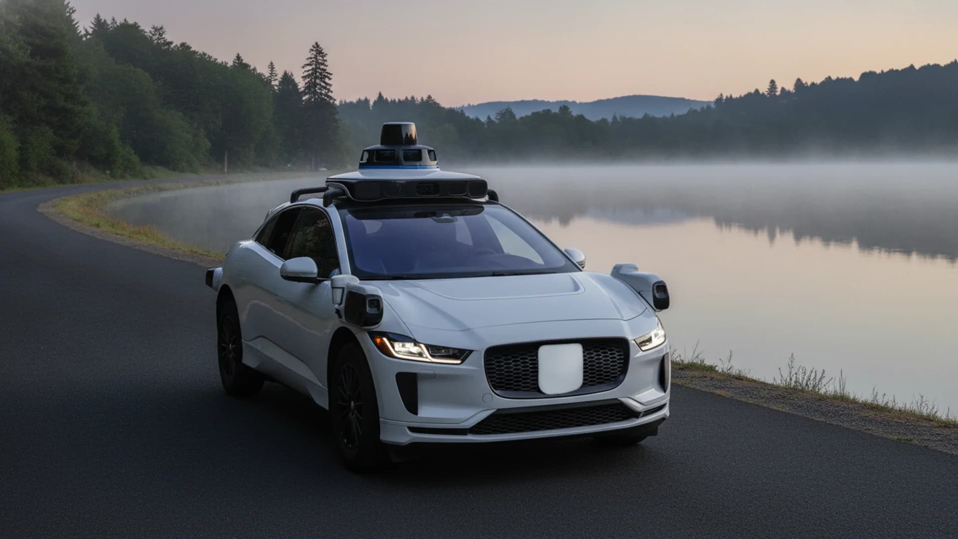 A white autonomous vehicle with a roof-mounted sensor sits on a road next to a foggy lake at dusk.
