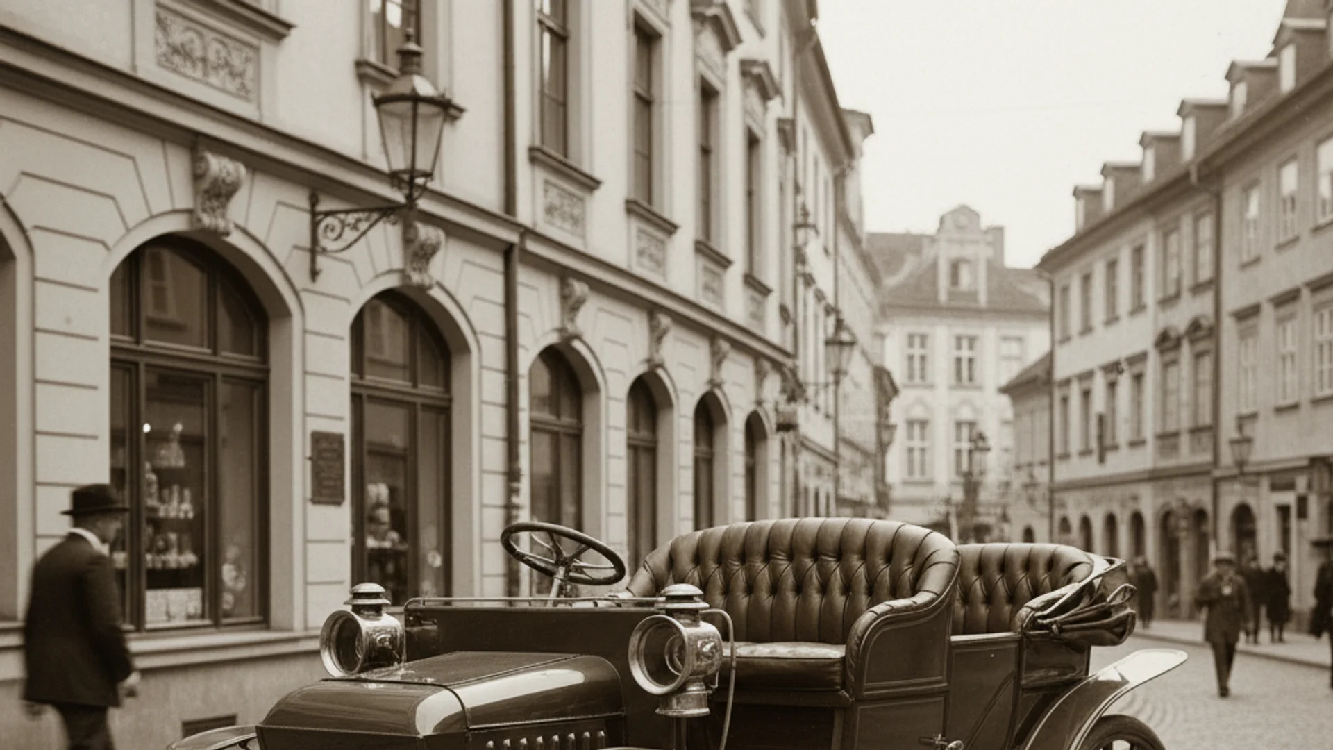 A preserved early-1900s electric automobile on a cobblestone street
