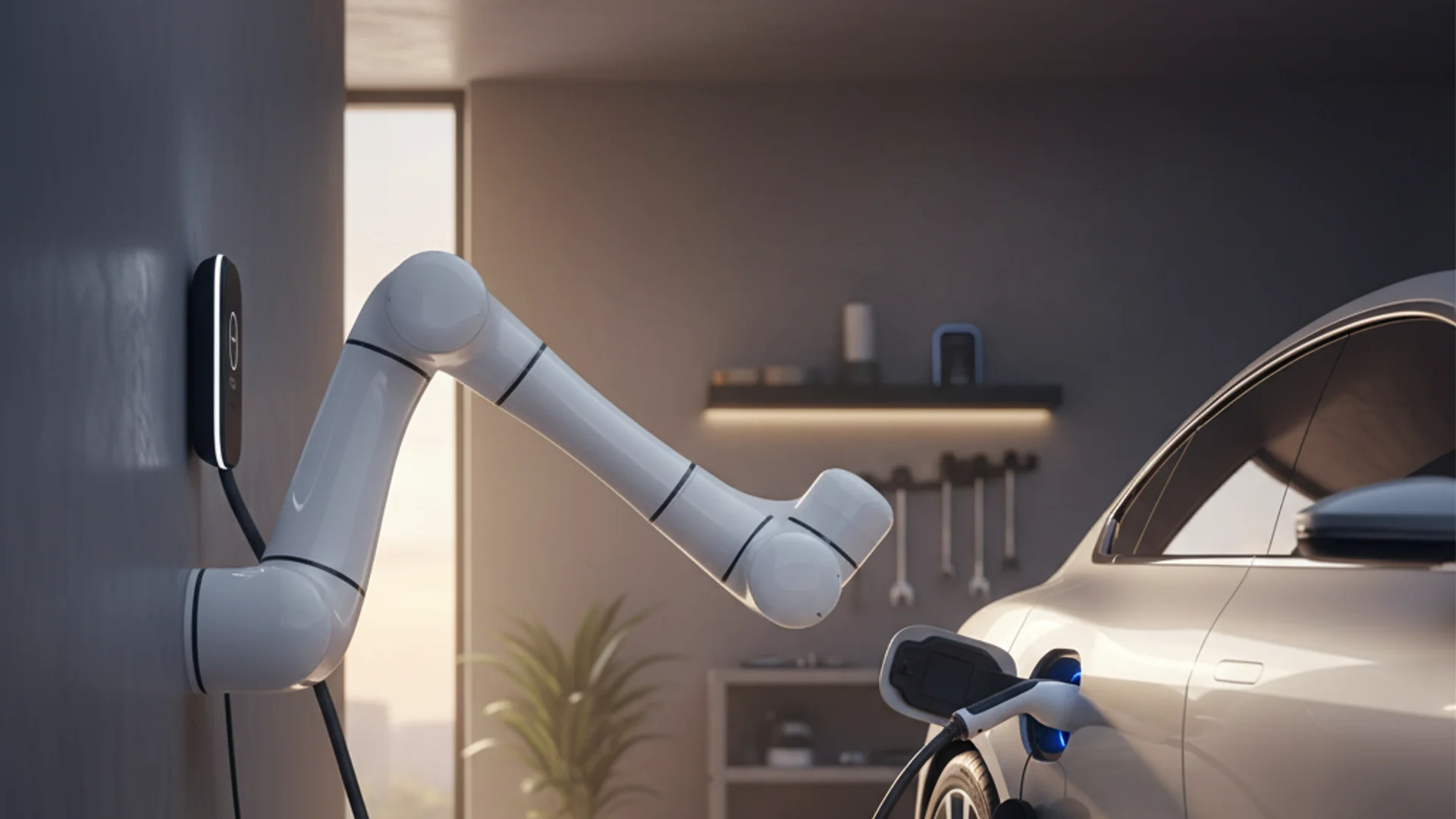 Xiaomi home robotic arm EV charger mounted in a residential garage