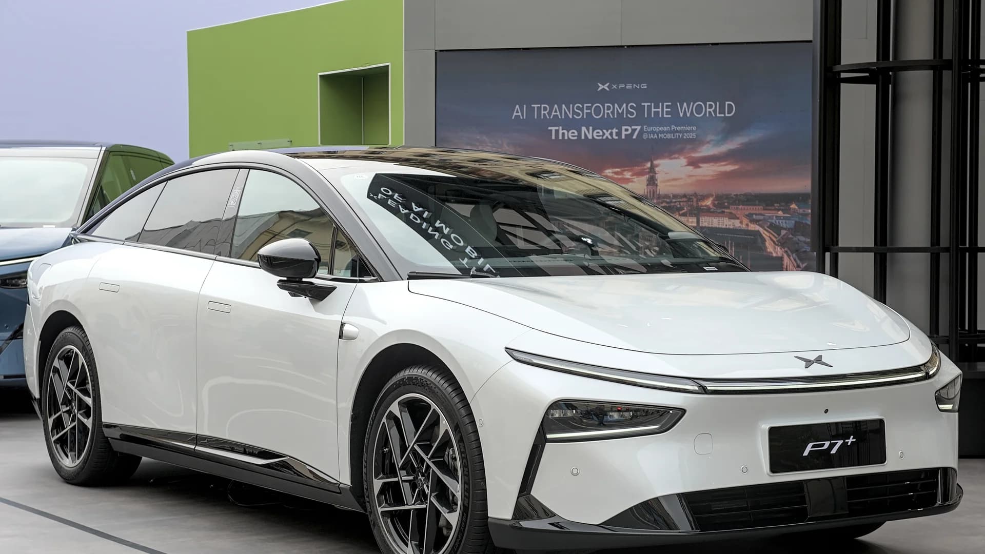 XPeng P7+ electric sedan on display, front three-quarter view