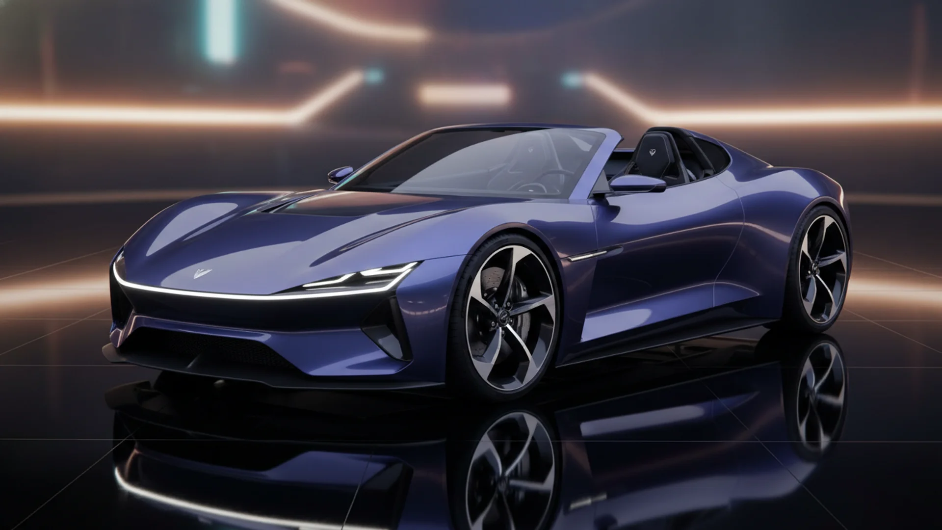 BYD electric performance roadster, low-stance studio three-quarter view