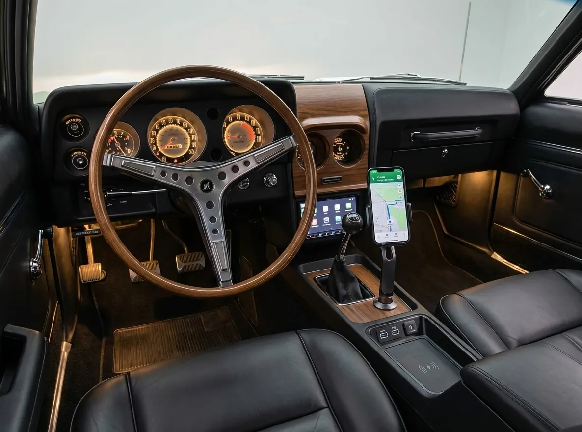 Car dashboard with phone mount and modern EV accessories