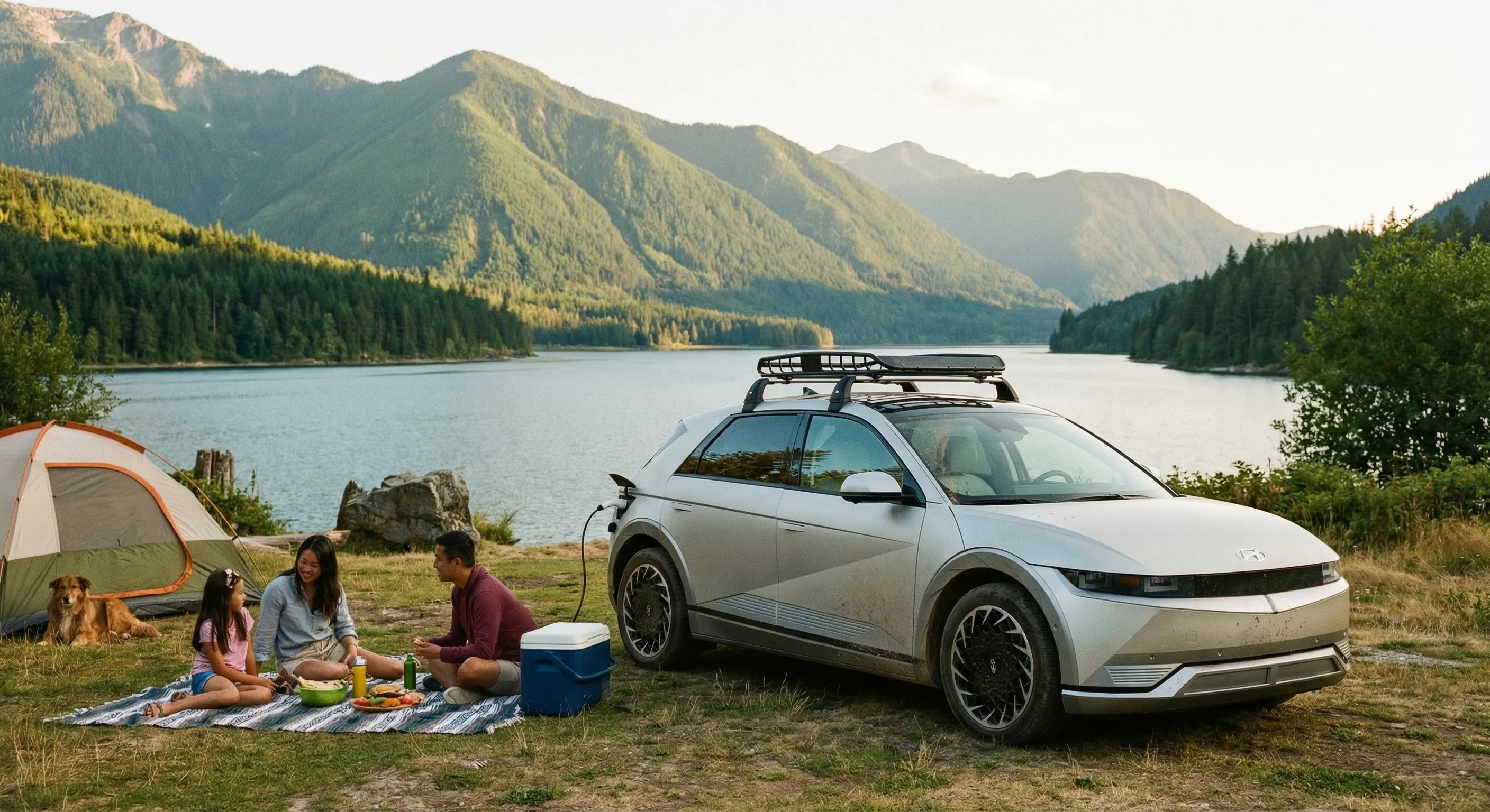 Hyundai Ioniq 5 parked at a Canadian park with family