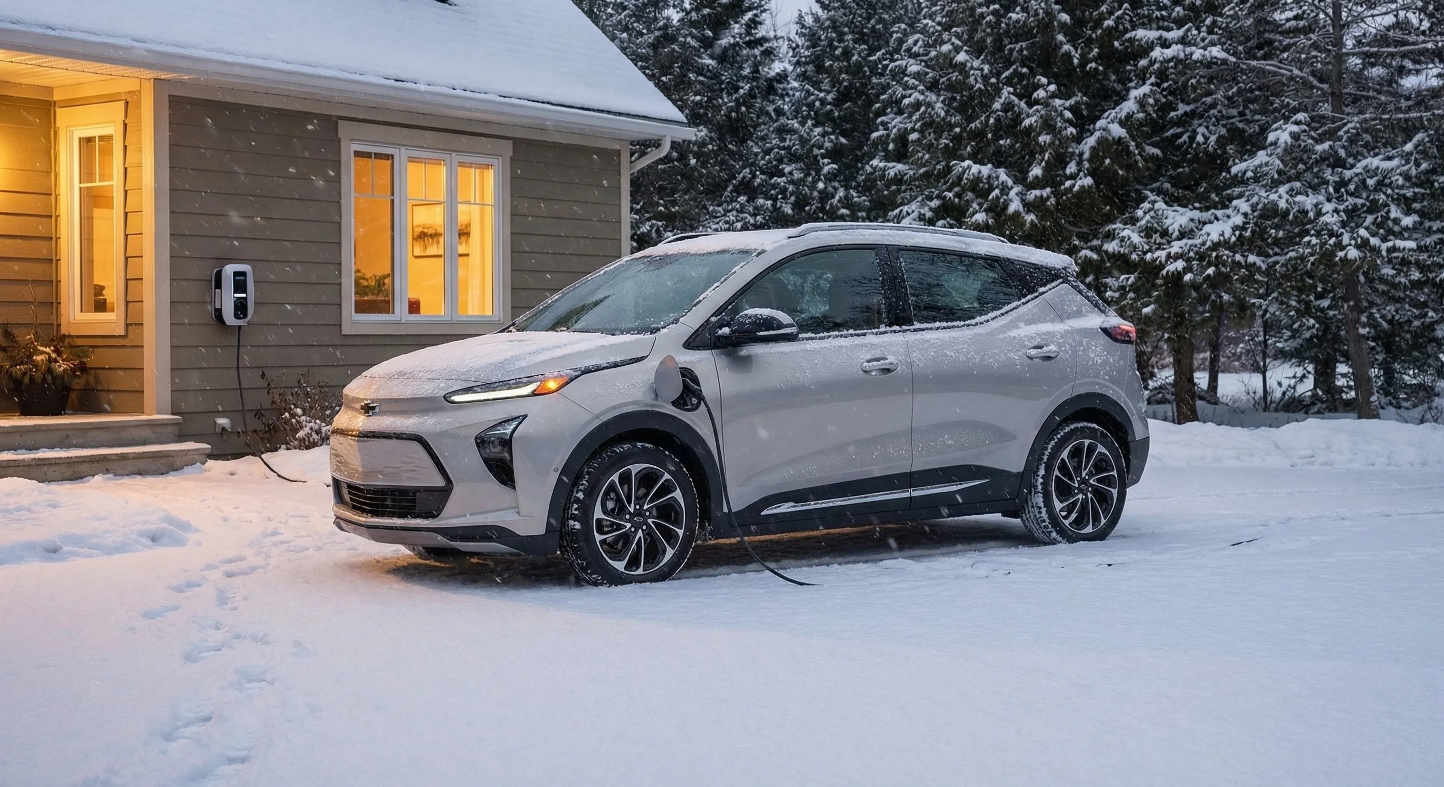 Electric vehicle plugged into home charging setup in Canadian driveway