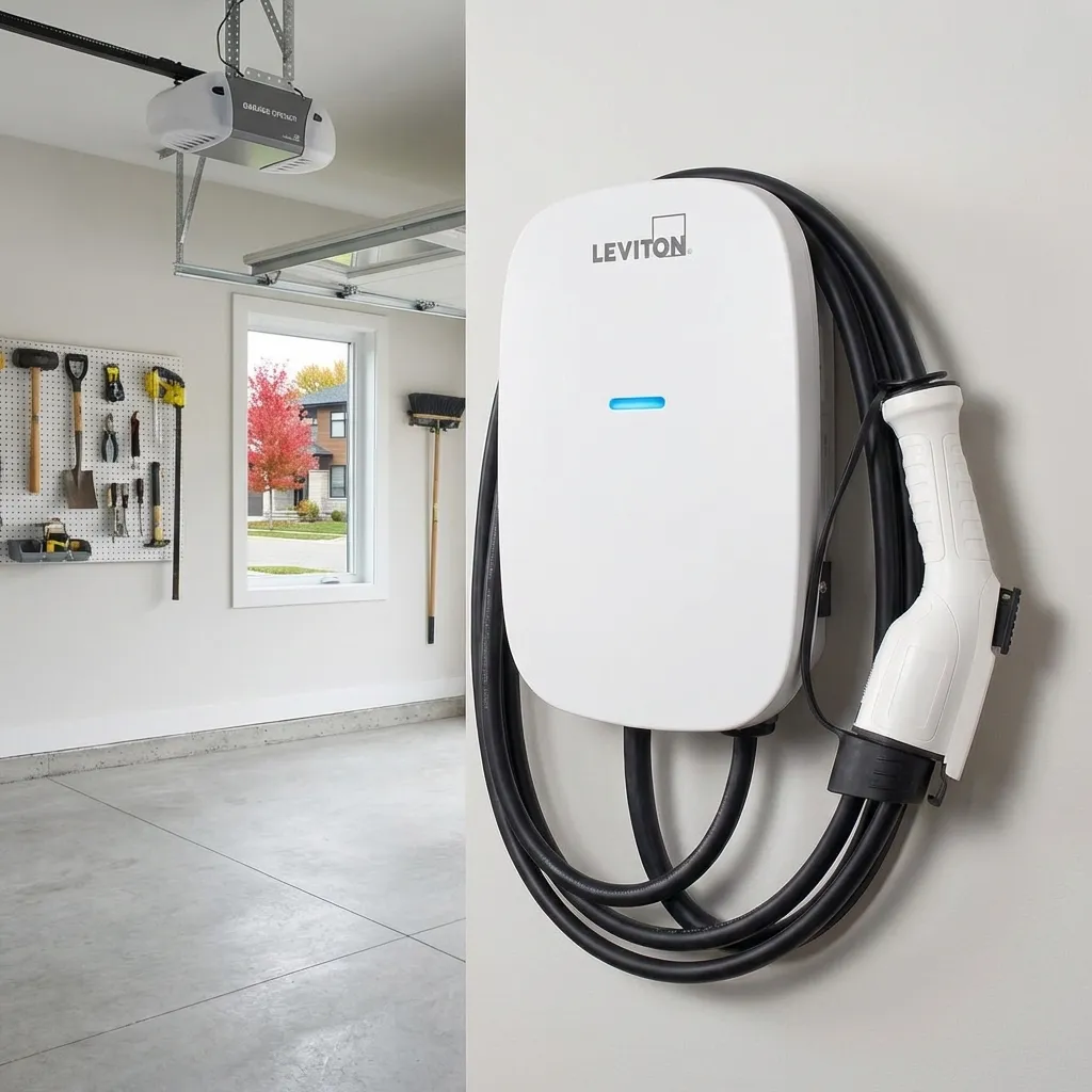 Level 2 EV charging station mounted on a home garage wall