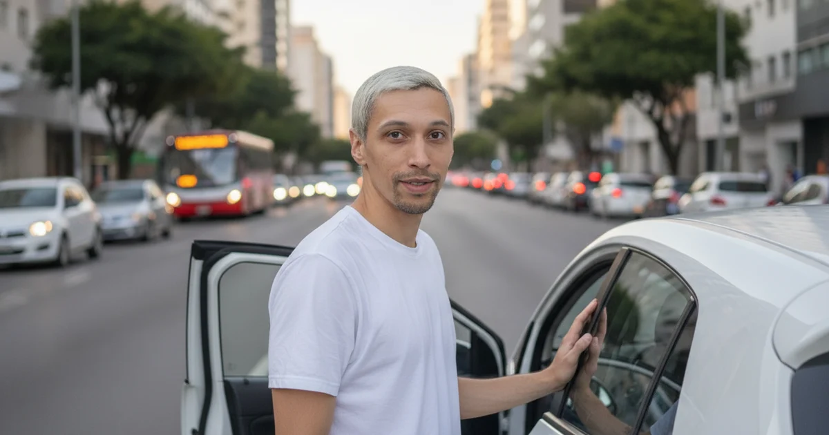 Vlad Pereira beside the open door of a white electric hatchback on a busy Campinas avenue at dusk, city traffic and a bus behind him