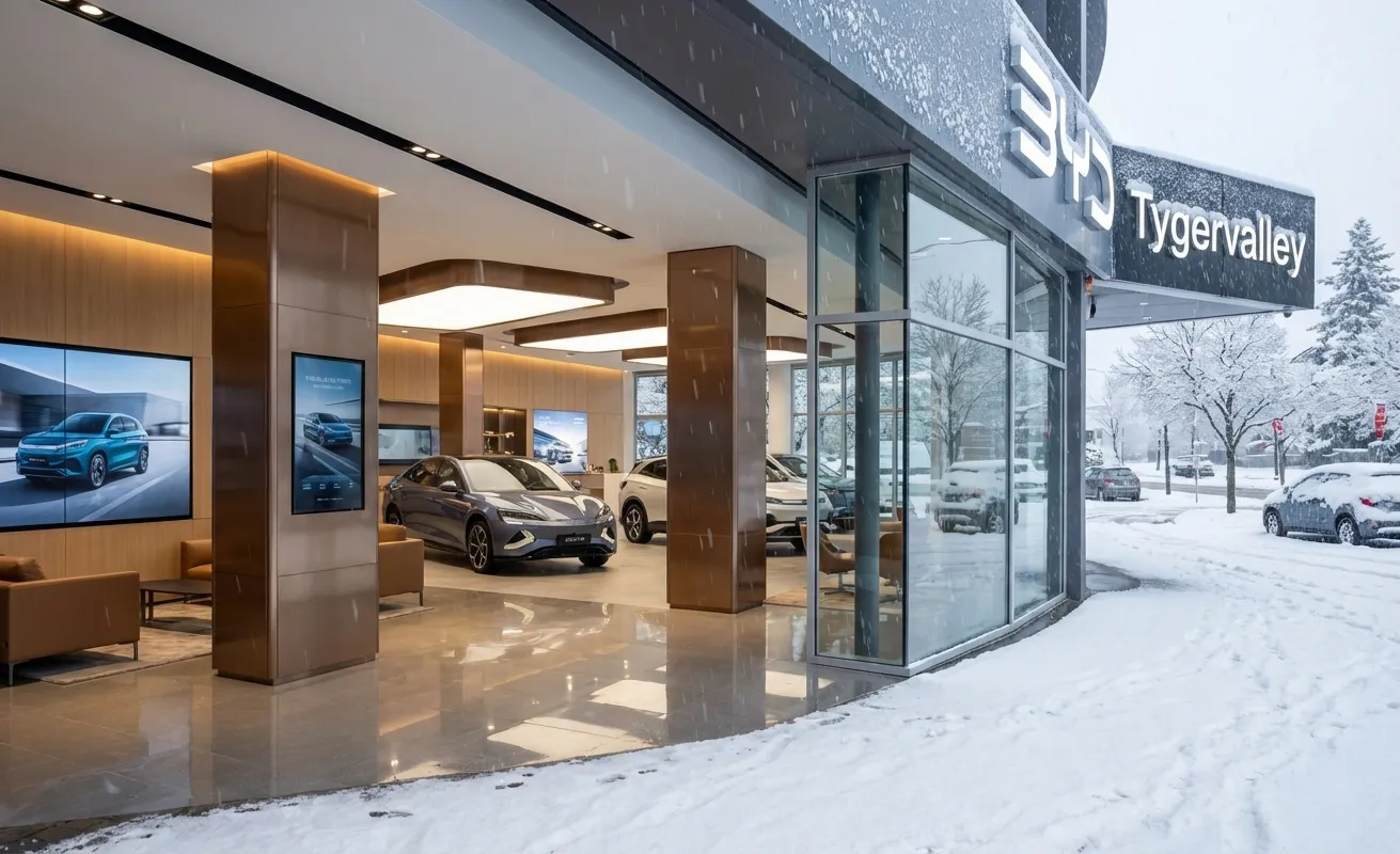 BYD dealership showroom with electric vehicles on display