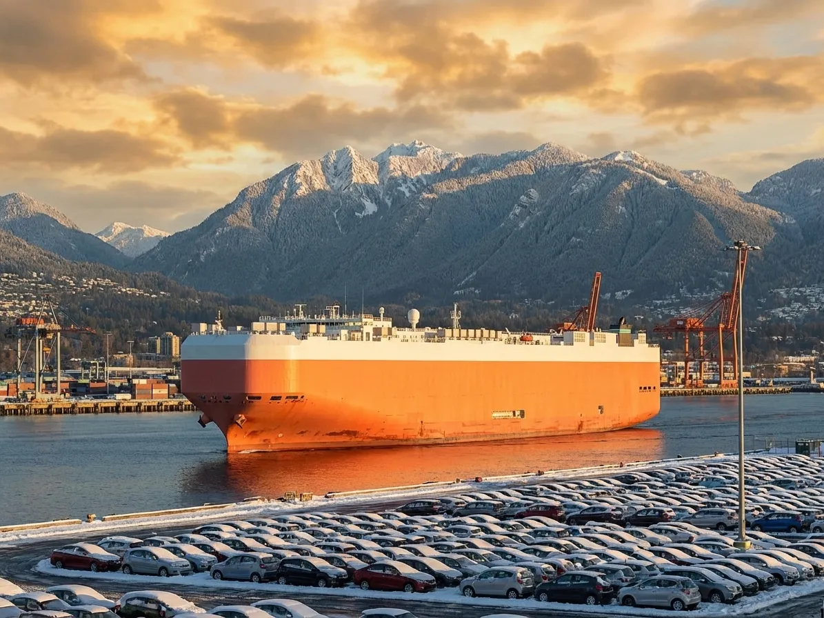 Car carrier ship arriving at a Canadian Pacific port with mountains in the background