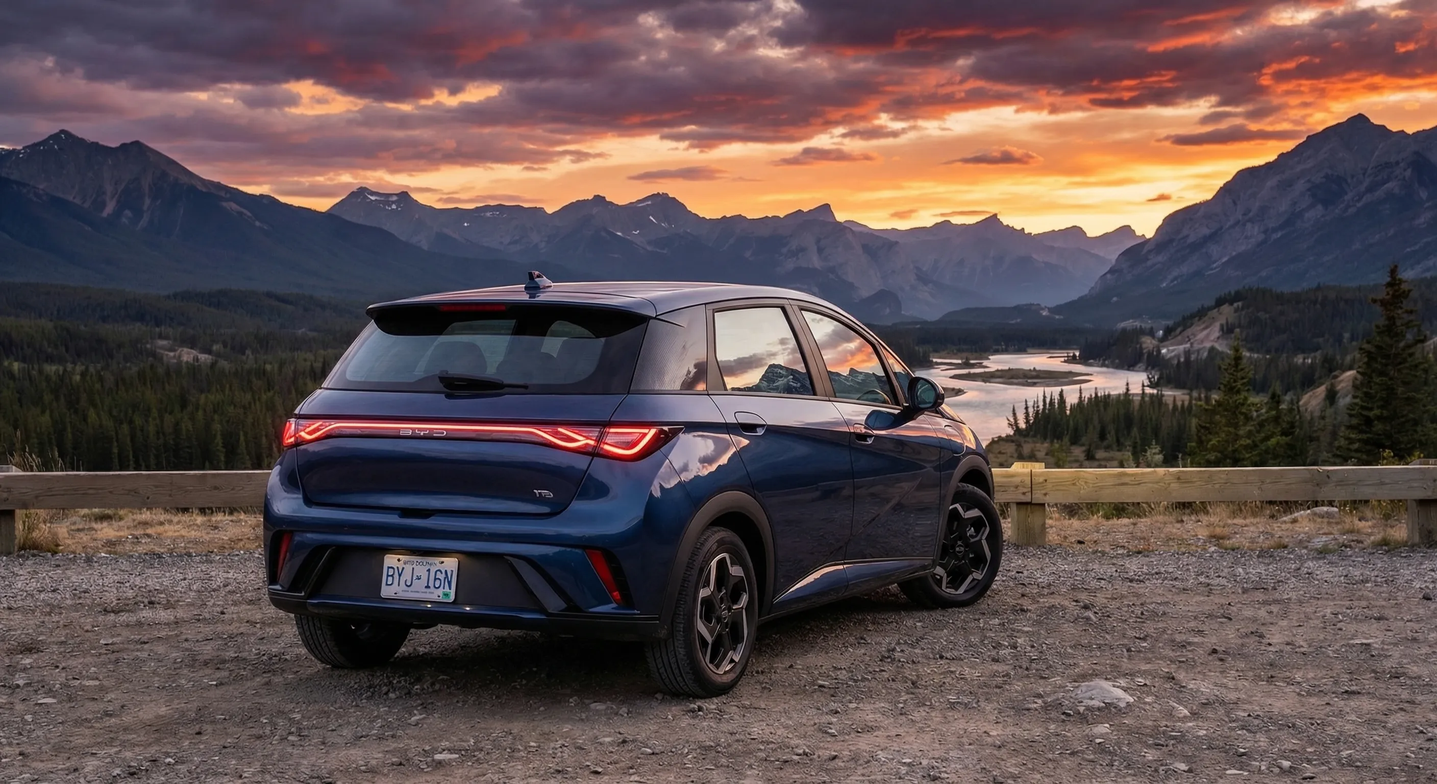 BYD Dolphin Canada Review rear view in Canadian mountain setting