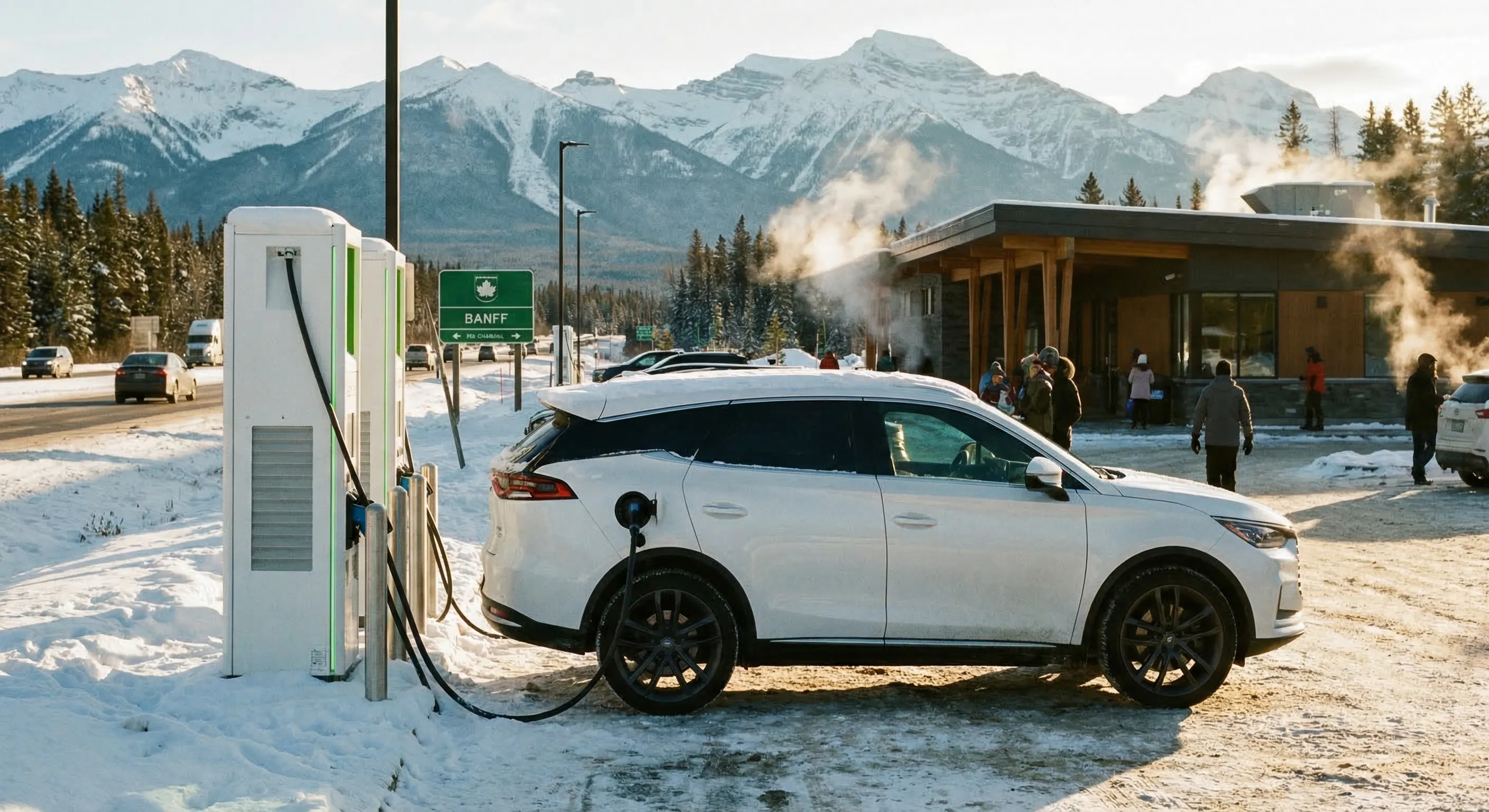 BYD electric SUV at a Canadian highway rest stop charging station with snow-capped Rocky Mountains in the background